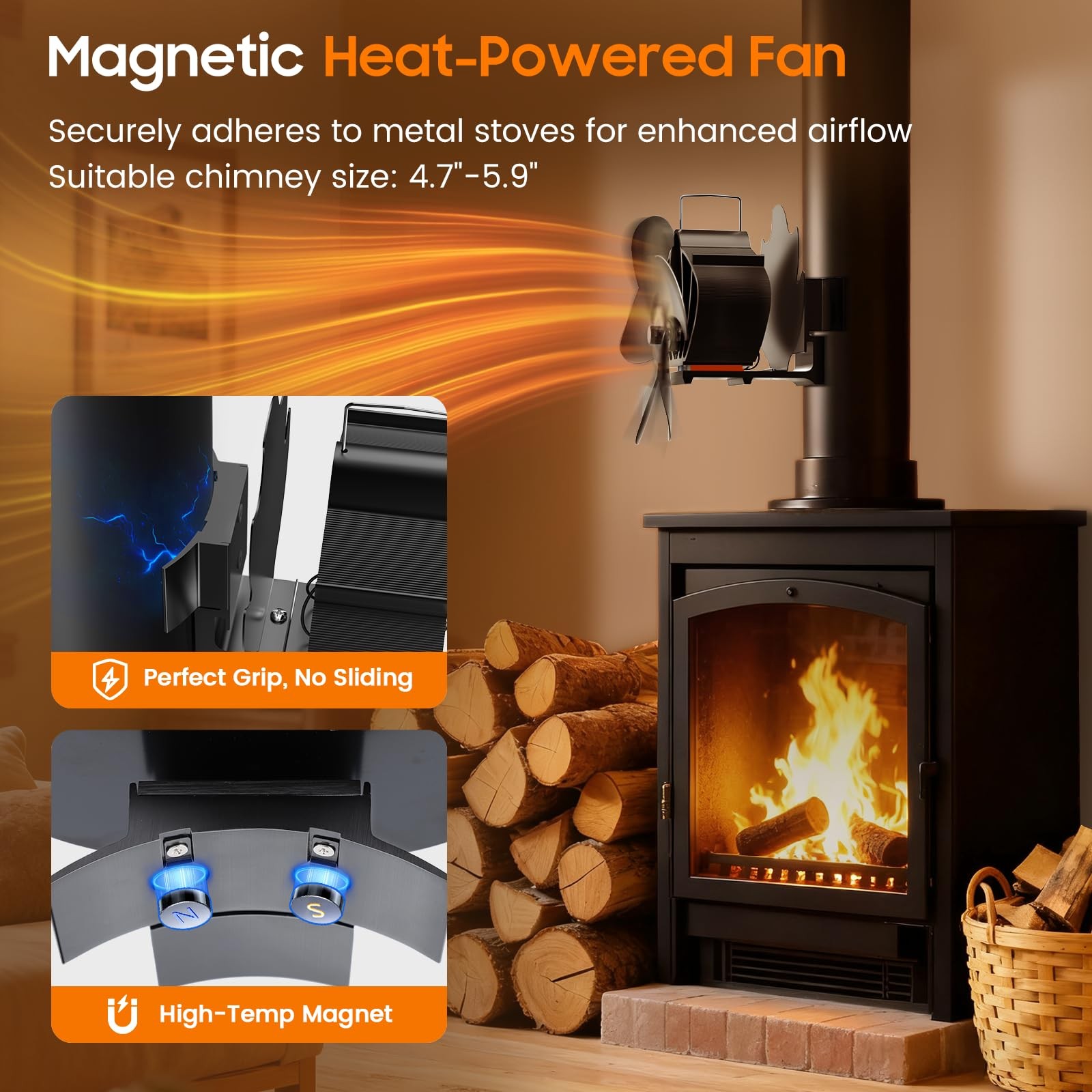 BOBEN Magnetic Wood Stove Fan with Thermometer, Heat Powered Fireplace Black