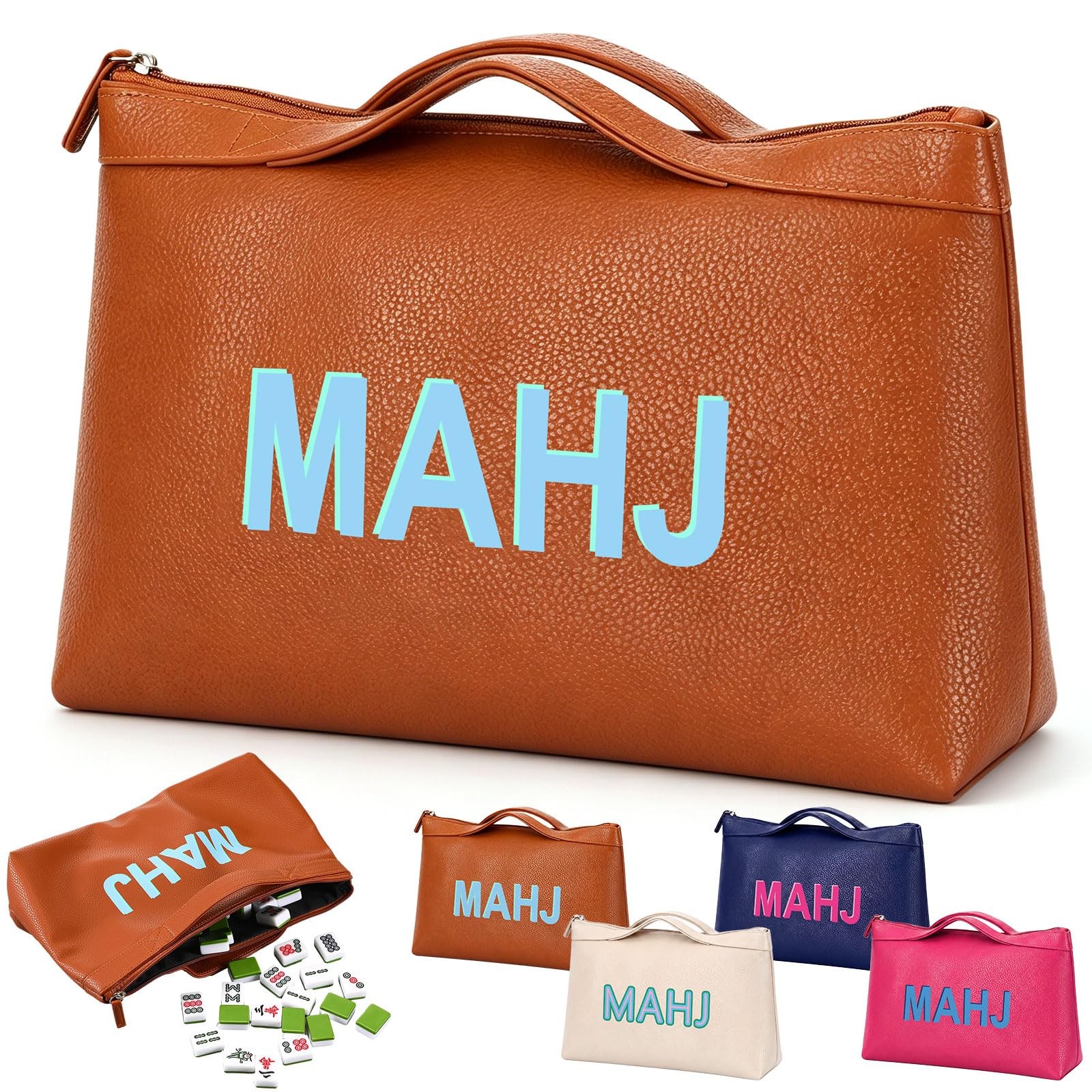 Leather Mahjong Tile Bag with Zipper Handle Lining Mahjong Storage Pouch for …