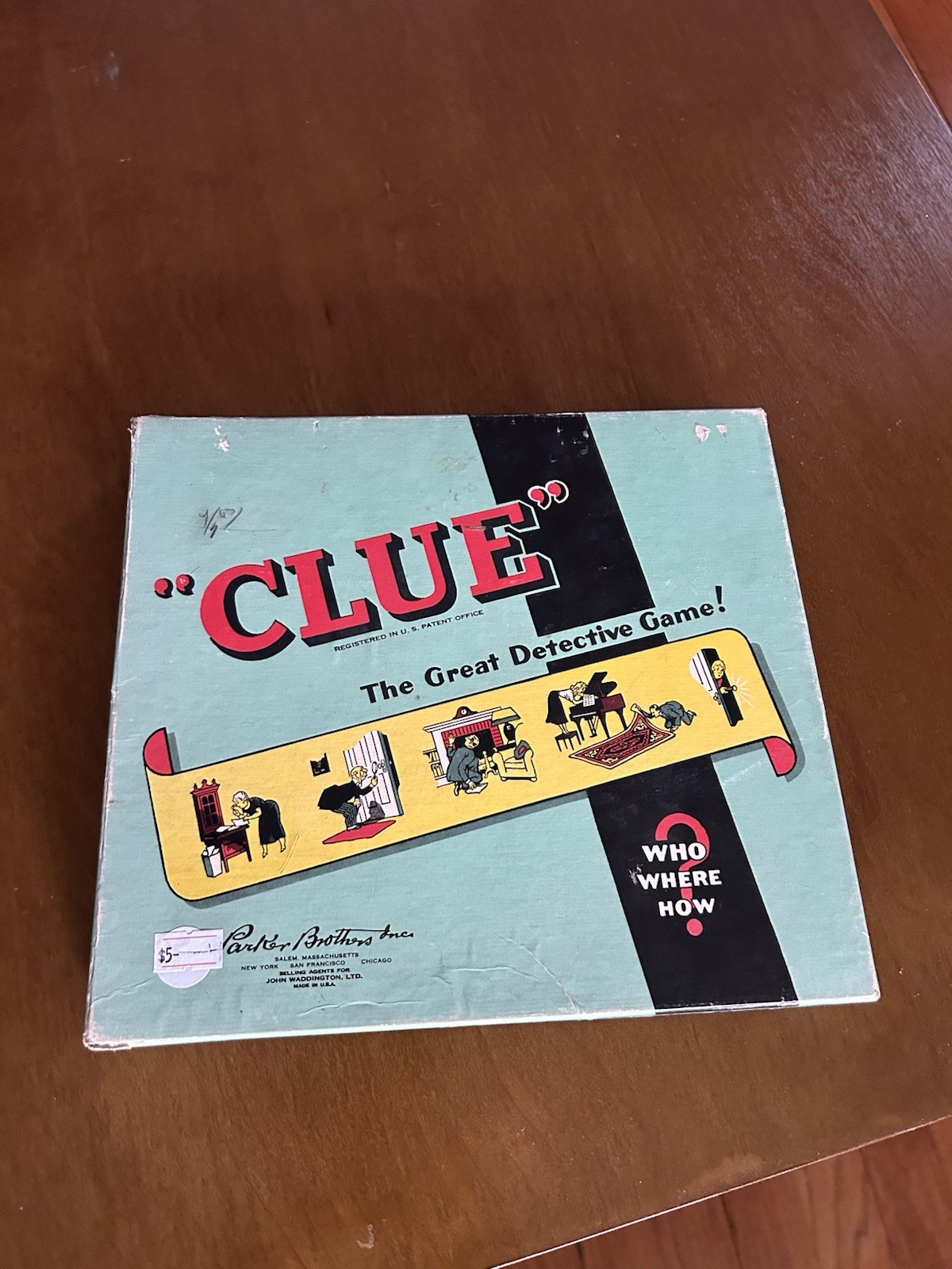 Vintage Clue Board Game Parker Brothers Yel/Blue Box 1949 Early Edition Incom.