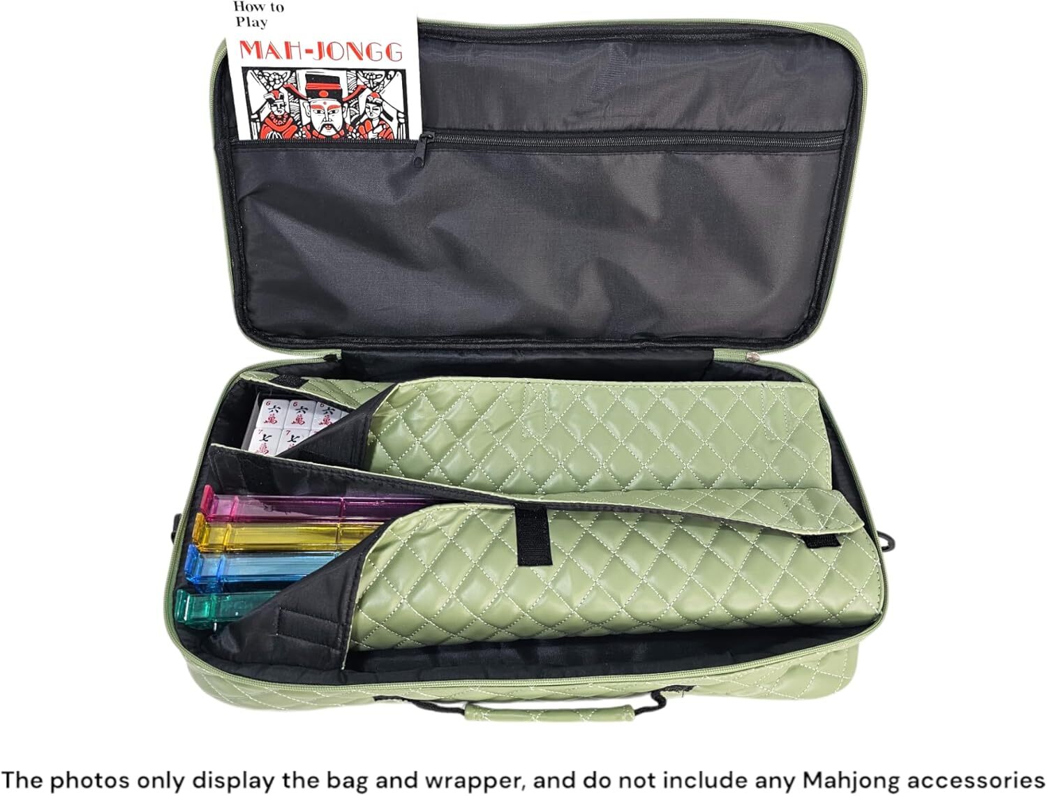 “Green” Quilted PU Leather Mahjong Carry Bag with Zippered Storage Pocket.