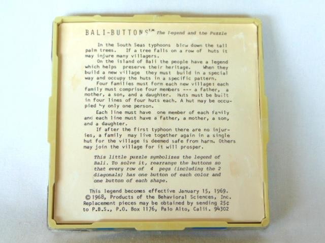 1969 BALI-BUTTONS Hand Held DEXTERITY Game, A LOGIC PUZZLE, Behavioral Sciences