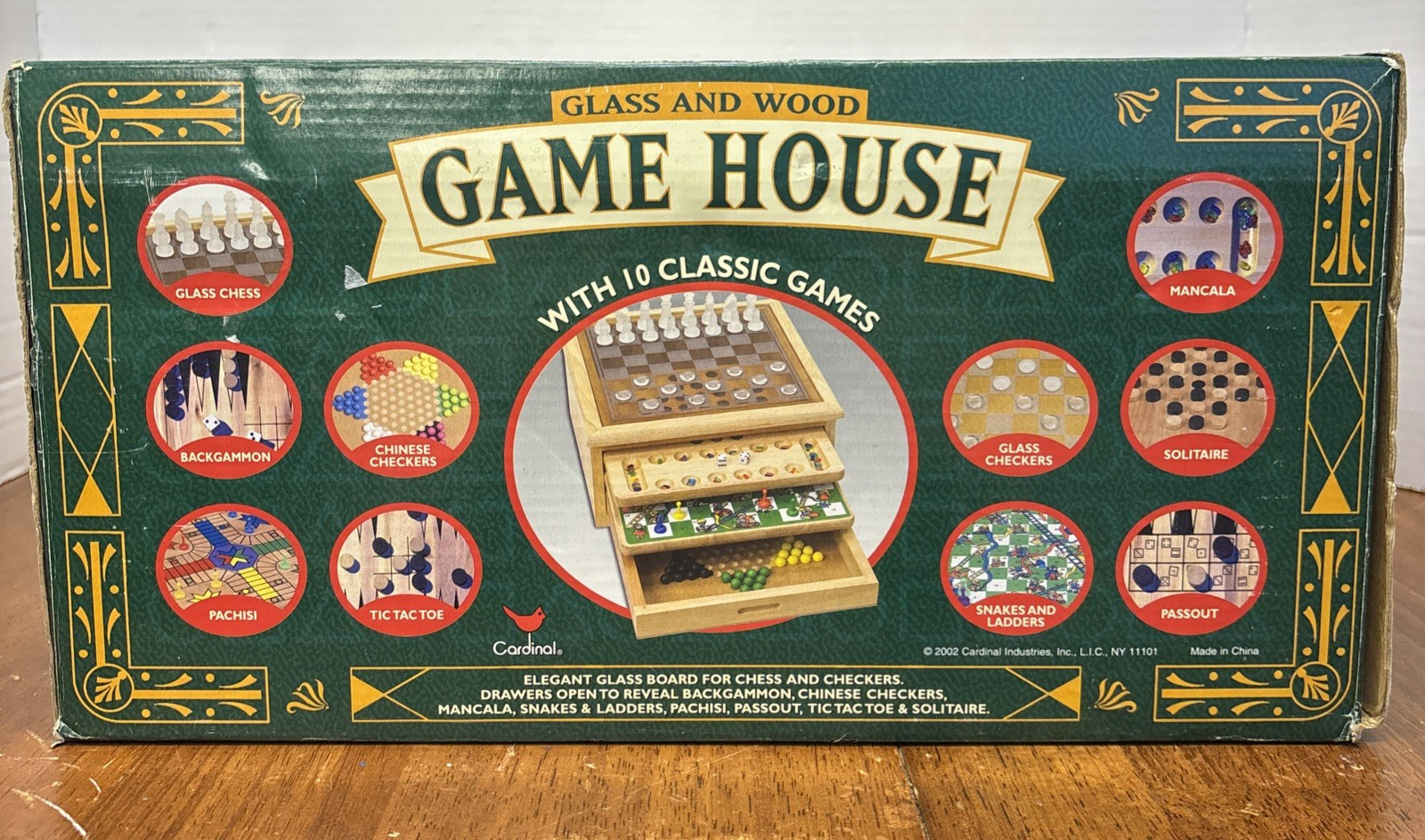 Cardinal 2002 GAME HOUSE 10 Classic Games WOOD Boards & Box Chess Checkers Pachi