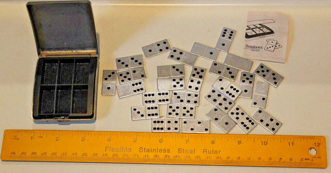 28 Piece Metal Double-6’s Dominoes Set ~ Mini~Travel w/Case~Complete Refurb CASE