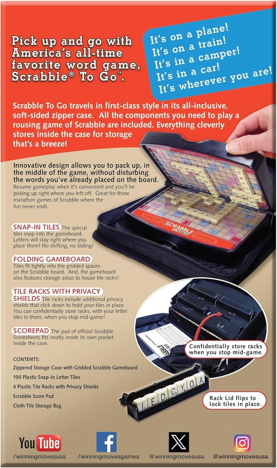 Scrabble To Go – Travel Edition for 2 to 4 Players, Zippered Case Included