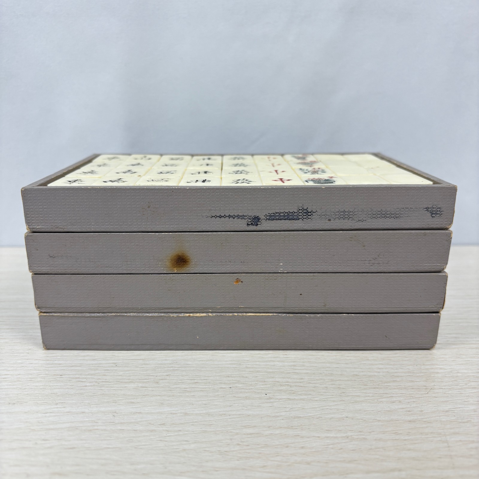 Vintage Japanese Mahjong Tile Set Brown Leather Case 1950s-60s Ivory Tiles AS-IS
