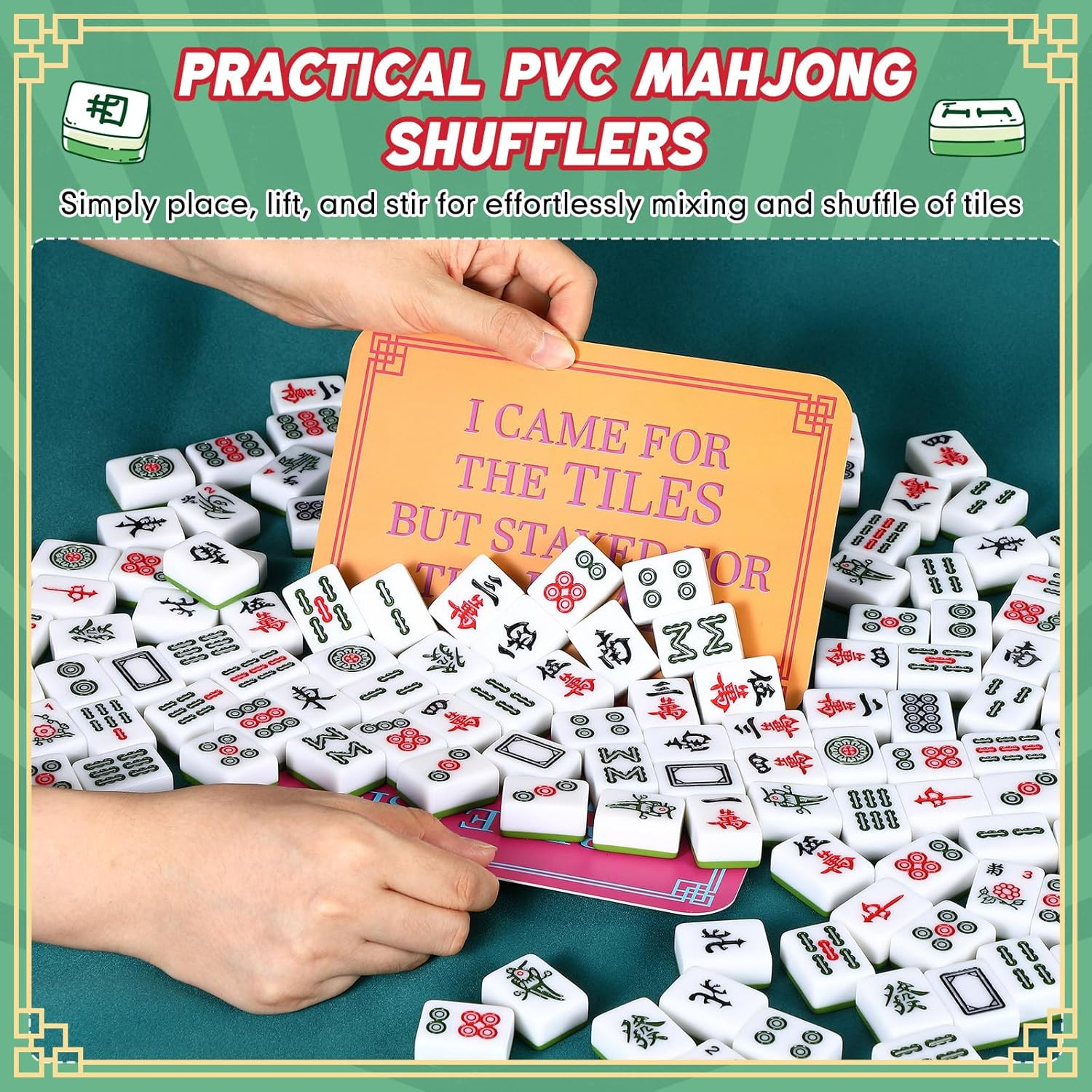 Mahjong Tile Shuffler Set with Traditional Frame and Fun Sayings, 4 Pieces