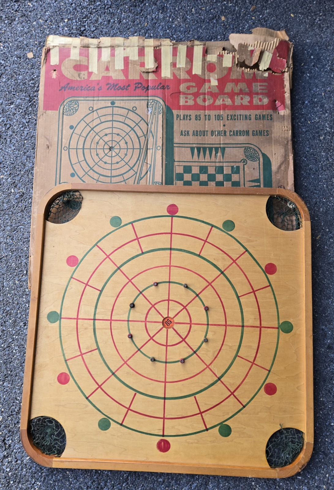 Carrom Wood Game Board #85 Vintage Original Box And Some Pieces And Instructions