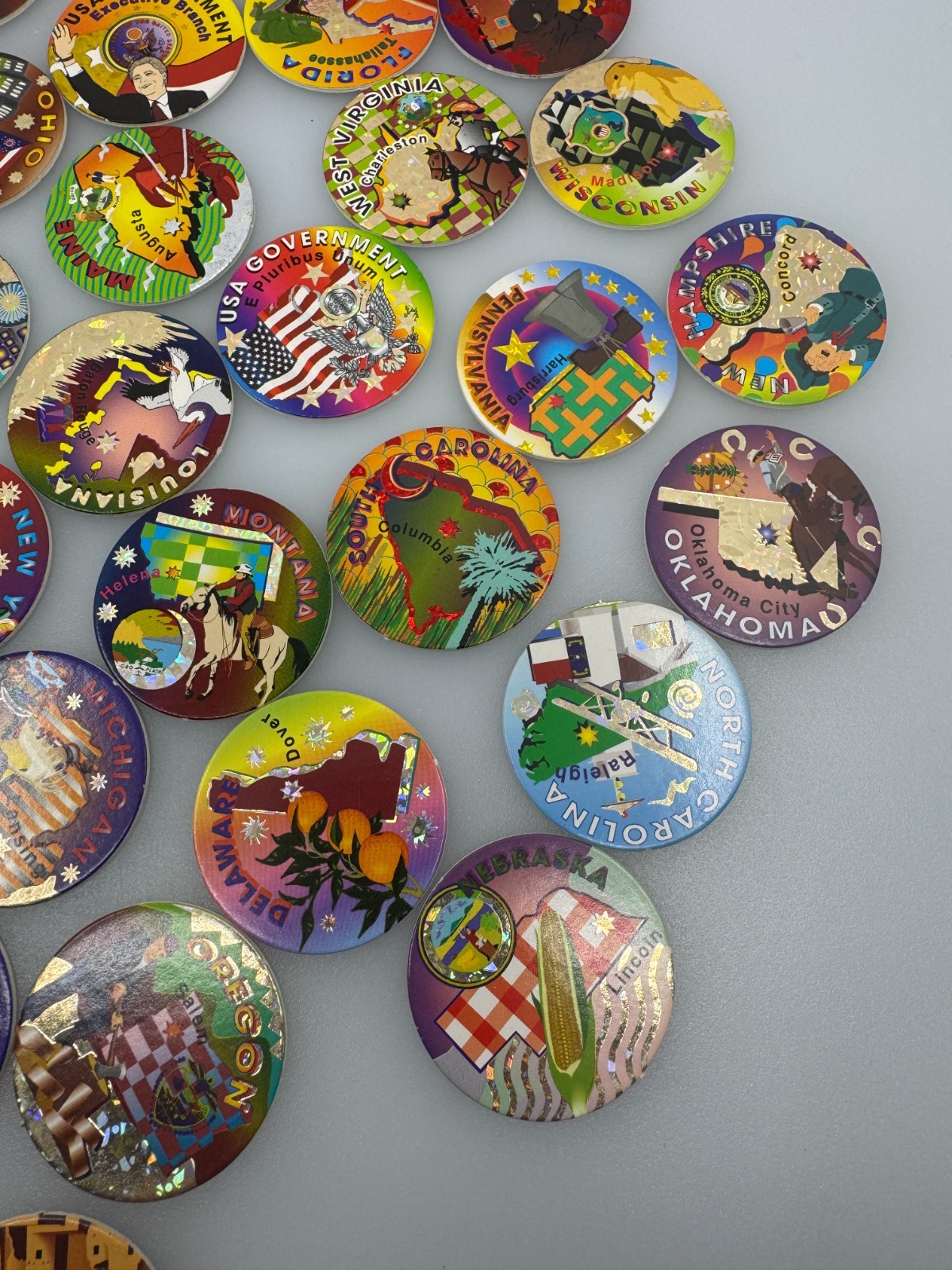 Vintage POGS incomplete Set of Foil States And Government With Rohks Container