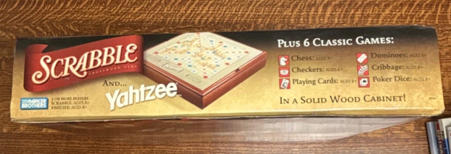 Parker Brothers Hasbro Scrabble Yahtzee Plus 6 Classic Games Solid Wood Cabinet