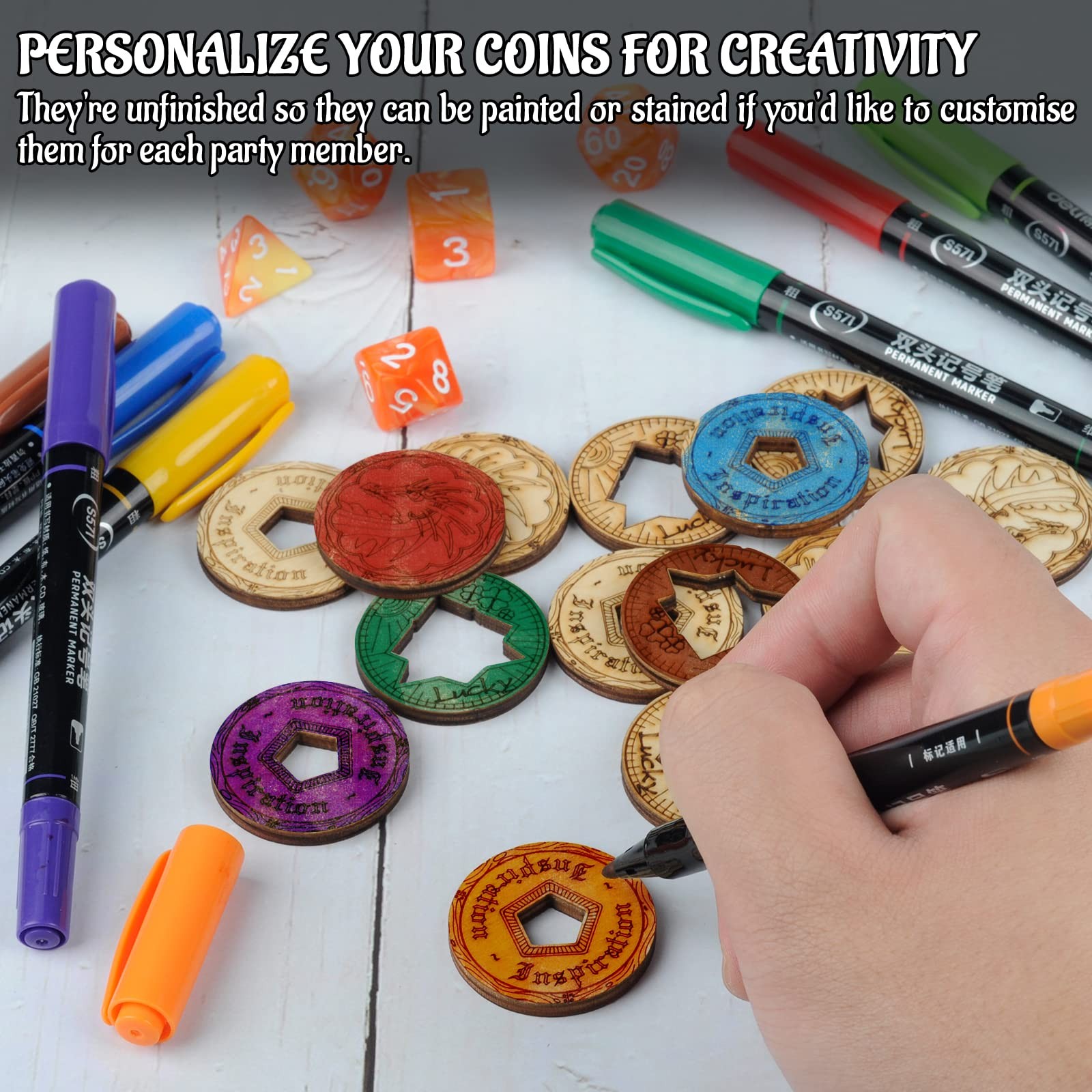 DND Tokens Laser Cut Wood Coins Set of 15 in 3 Styles – Lucky 1.35 inches