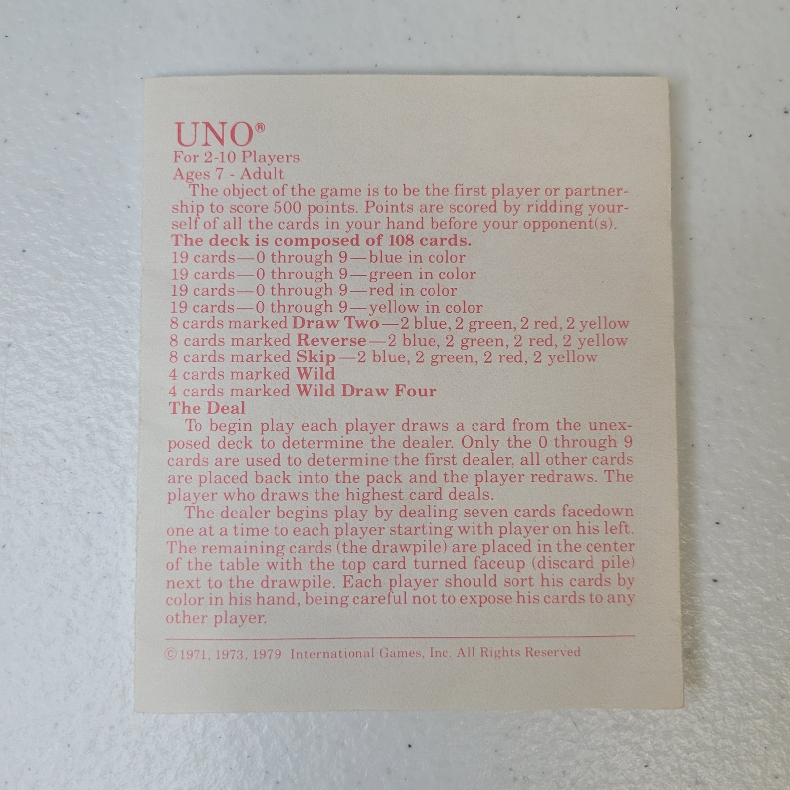 Vintage 1978 UNO Card Game Score Card Pad and 1979 Instructions Manual #4001