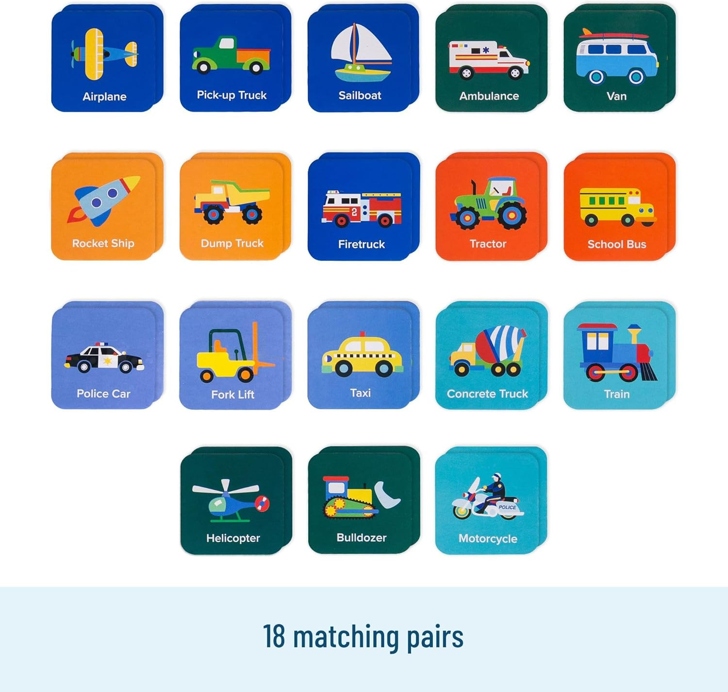Memory Matching Game – 18 Educational Pairs for Toddlers & Preschool – Transport