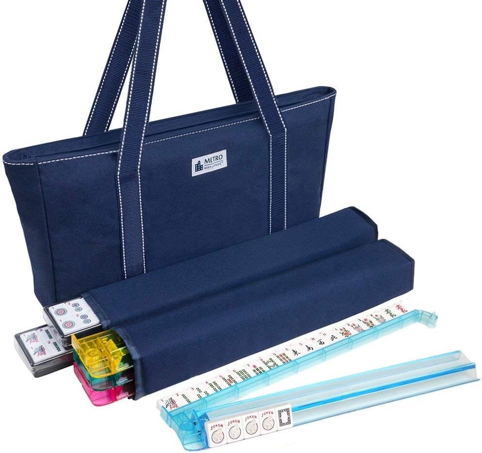 American Mah Jongg Set – 166 Melamine Tiles, 4 Racks, Blue Canvas Bag