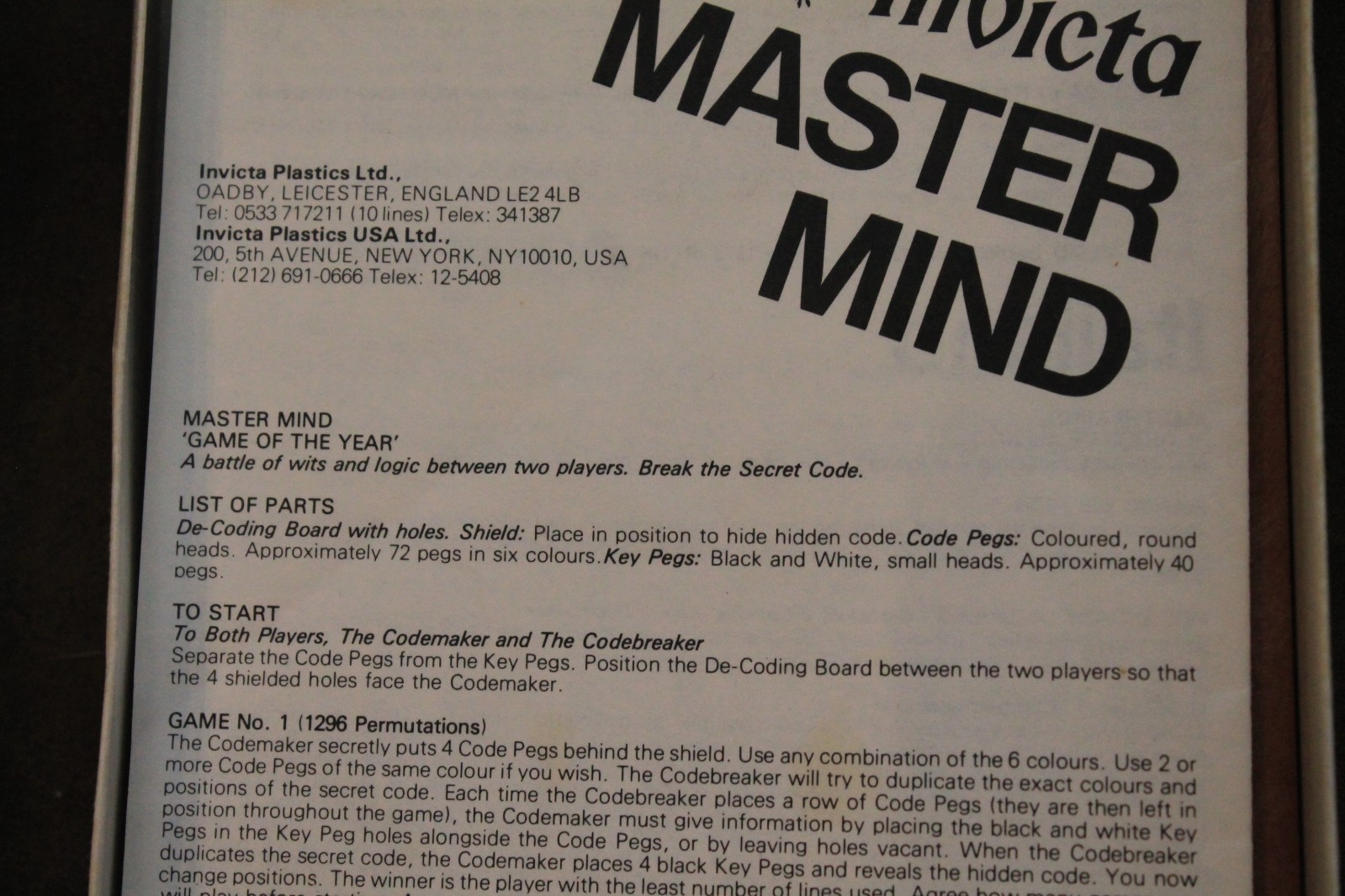 Vintage 1972 Mini Master Mind Invicta Complete Travel Game Pegs Box Instructions