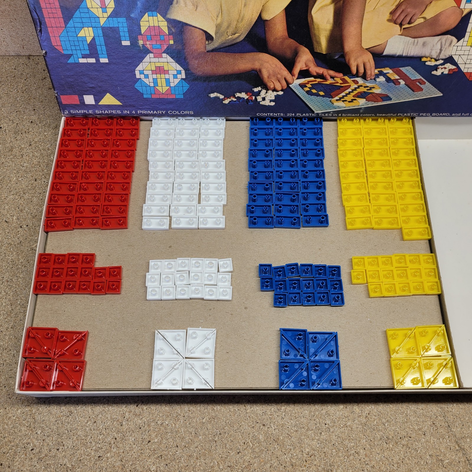 Vintage Halsam Play Tiles – Plastic Peg Board 221 Colored Pieces & Picture Guide
