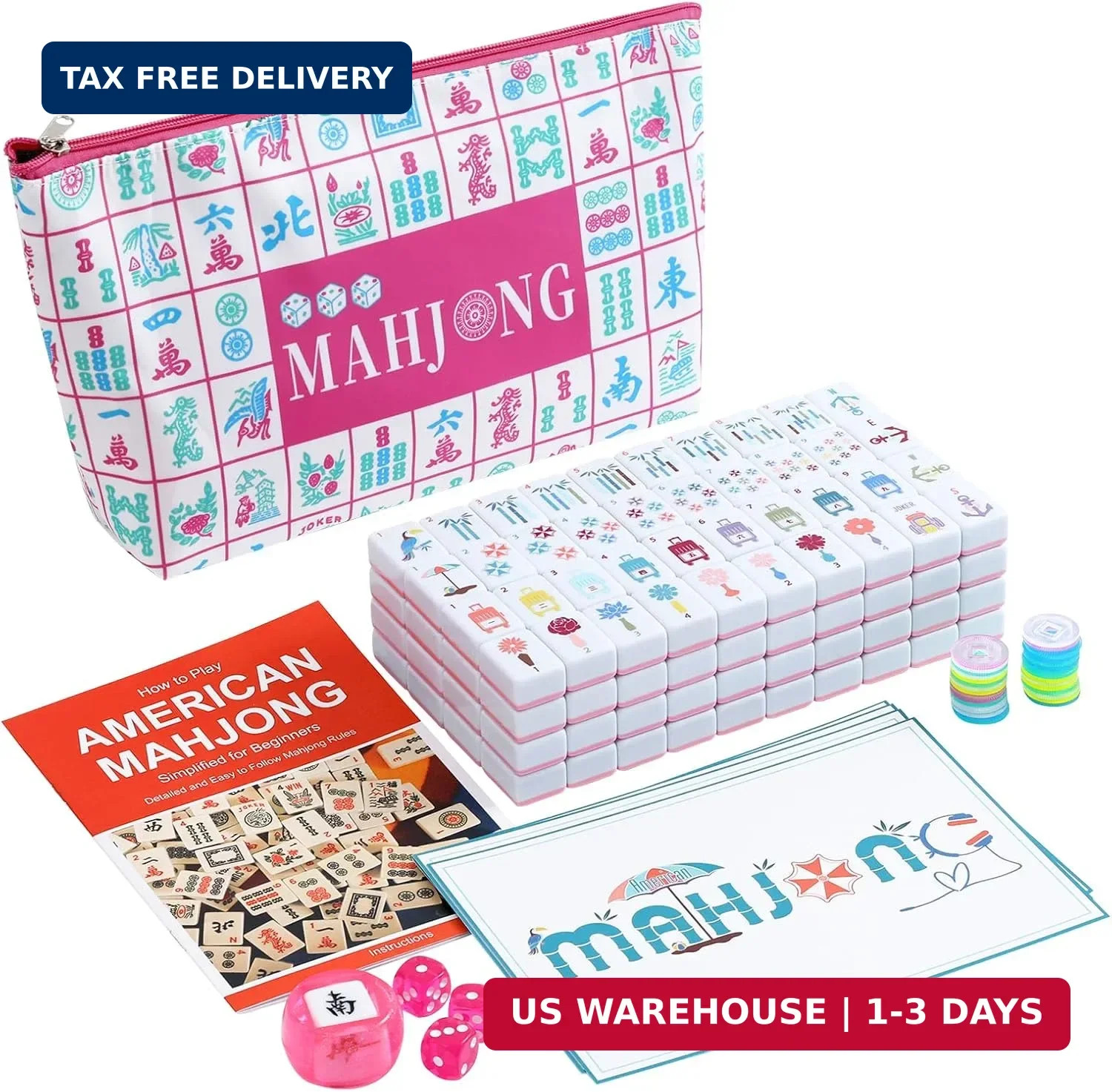160 Pink American Printed Mahjong Game Set with Carrying Bag And Accessories 1.2