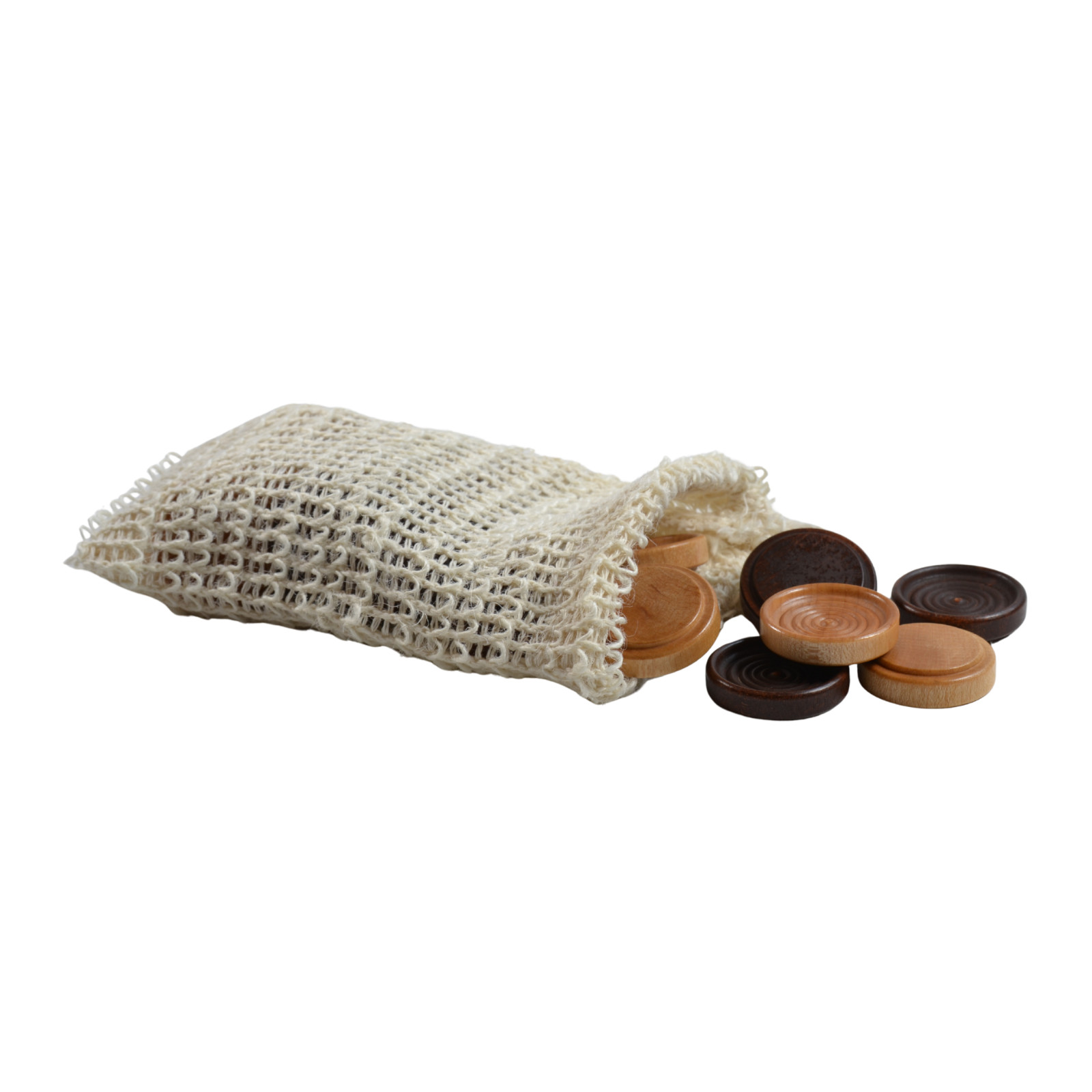 Stackable Wooden Checkers w Plant-Based Sisal Storage Bag Walnut & Maple 26 Pc