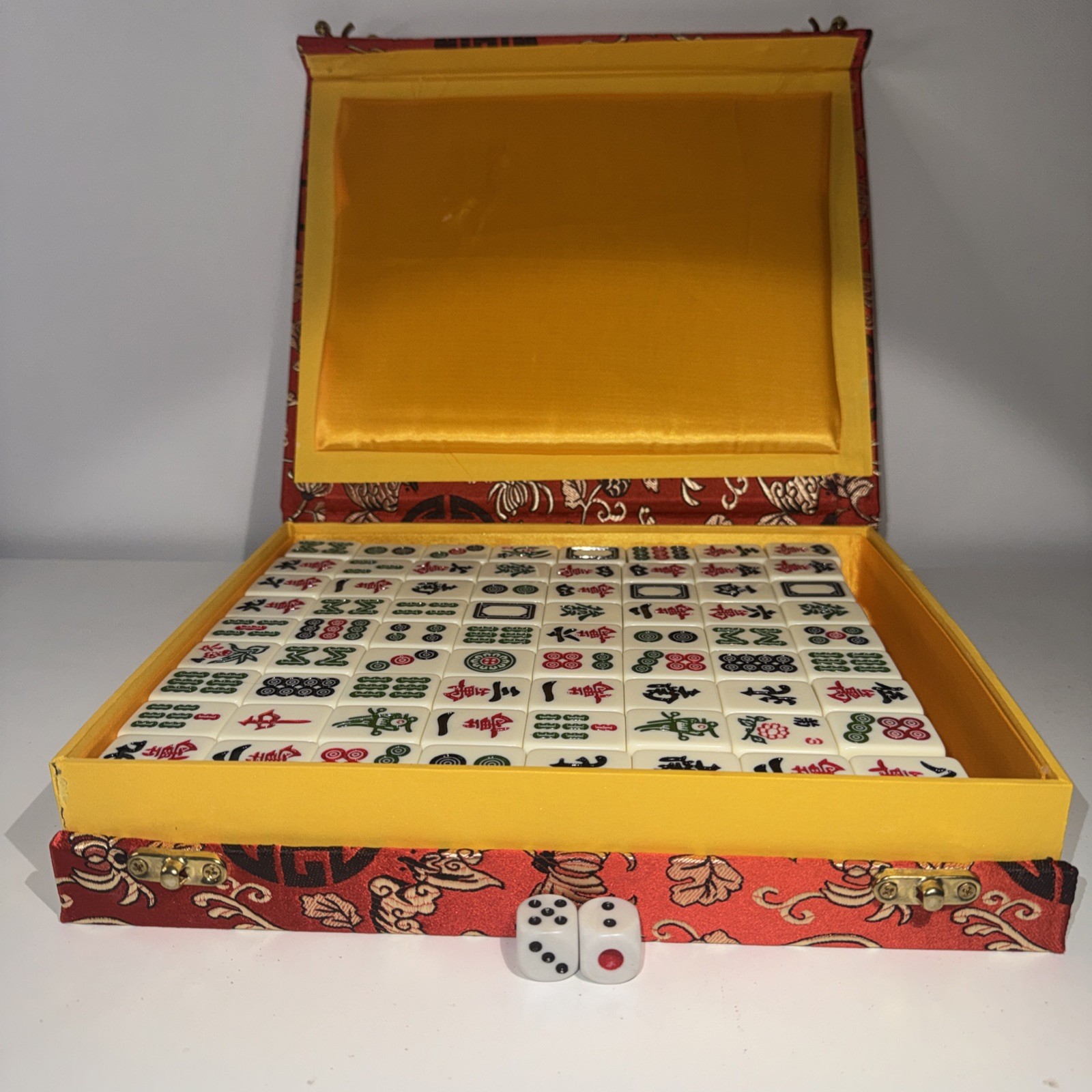 Chinese Mahjong Set 144 Ceramic Tiles (1 1/8 X 7/8×9/16in) Beautiful Red Box