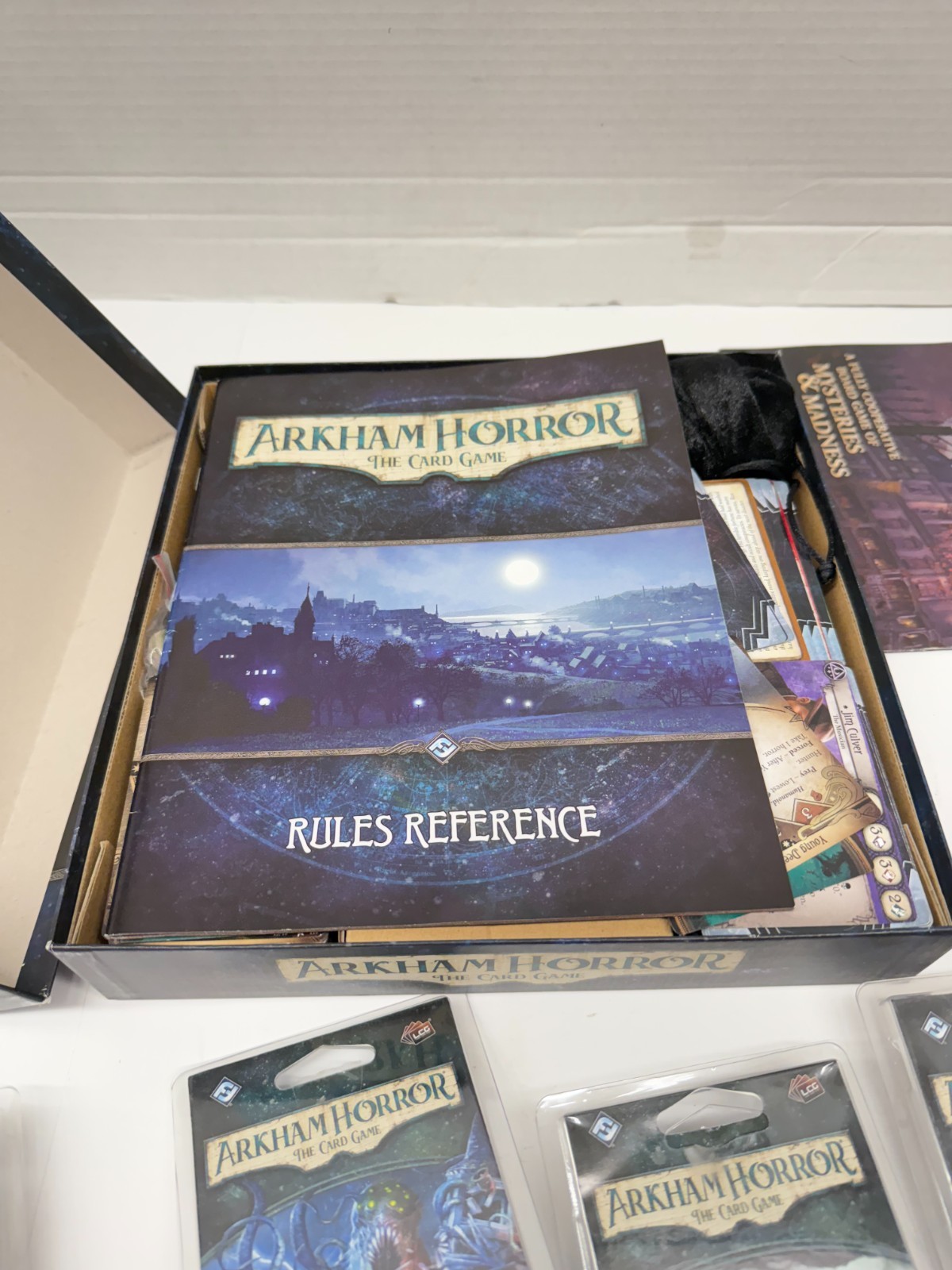 Arkham Horror Core Board Game w/ 4 Mythos Pack Essex Doom Blood Altar Dimension