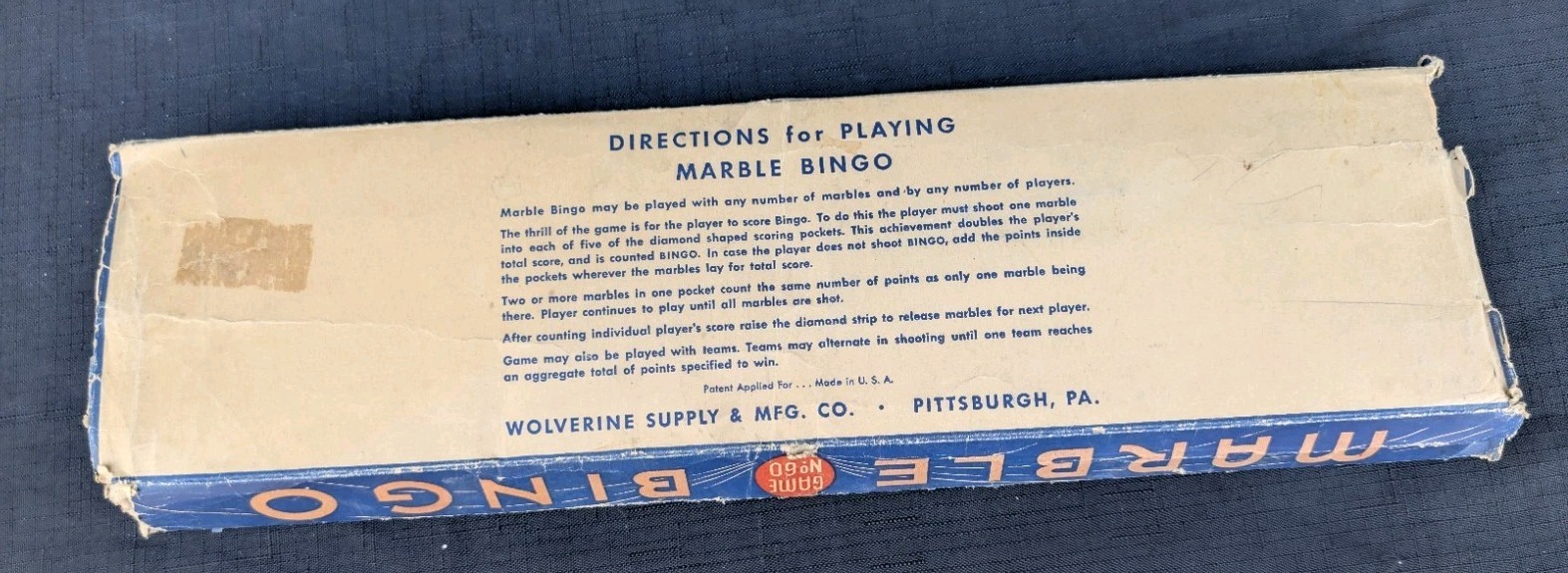 Vintage antique Wolverine No. 60 Marble Bingo Tin litho Toy Game w/ Original Box