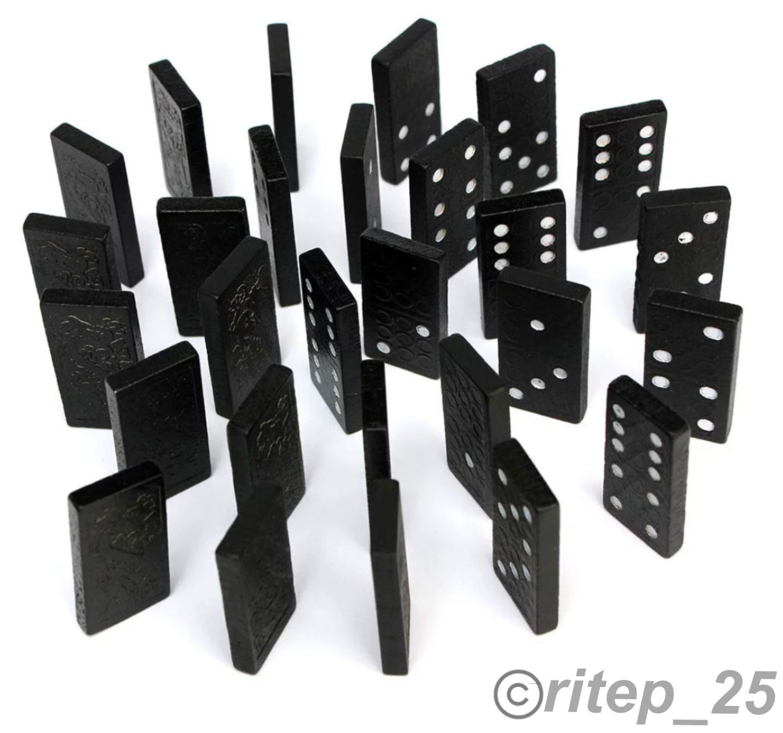 Standard DOMINOES Set of 28 Mini Black Double Six Domino Tiles With Wood Case