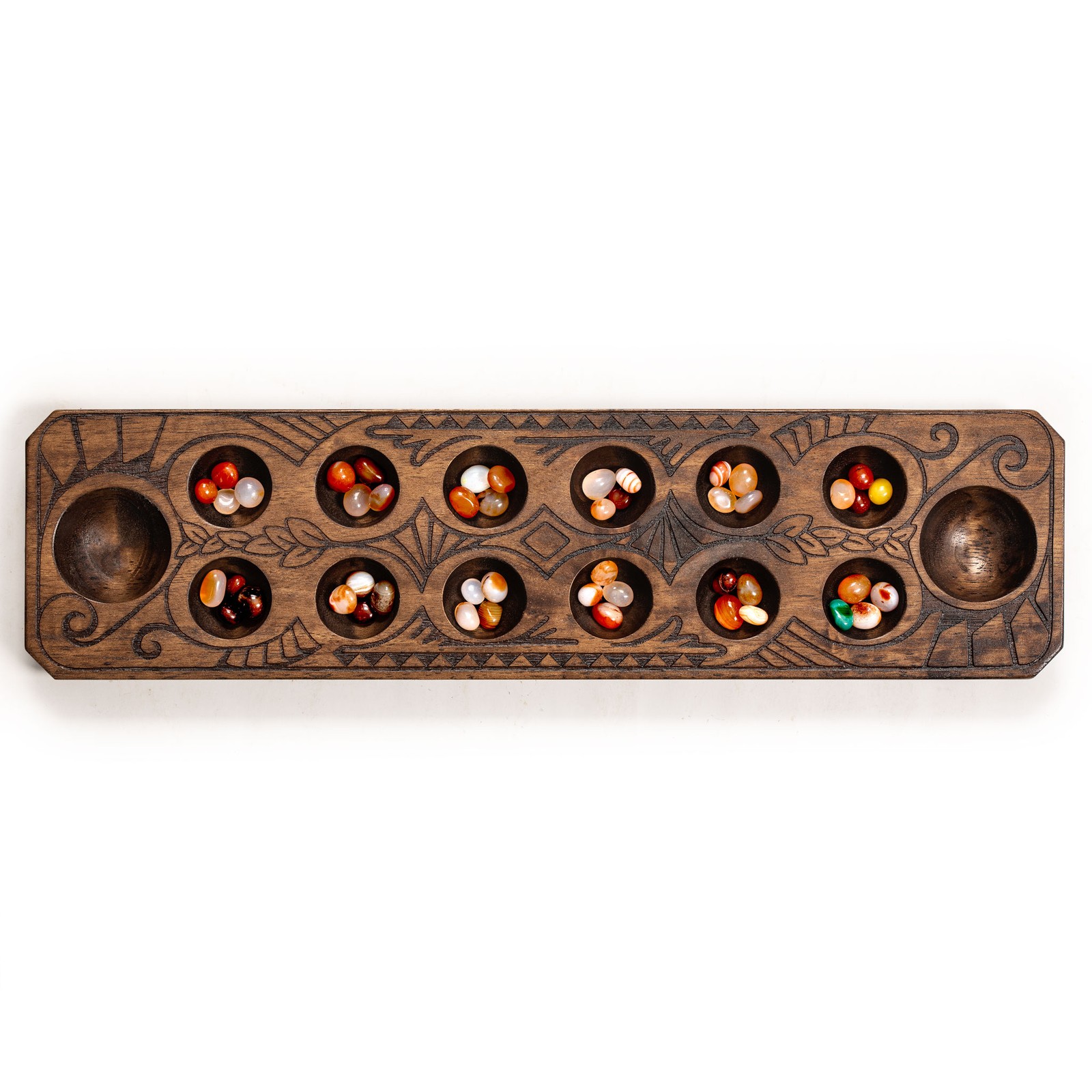 Mancala Set With Solid Wood Board and Quartz Pebble Playing Pieces