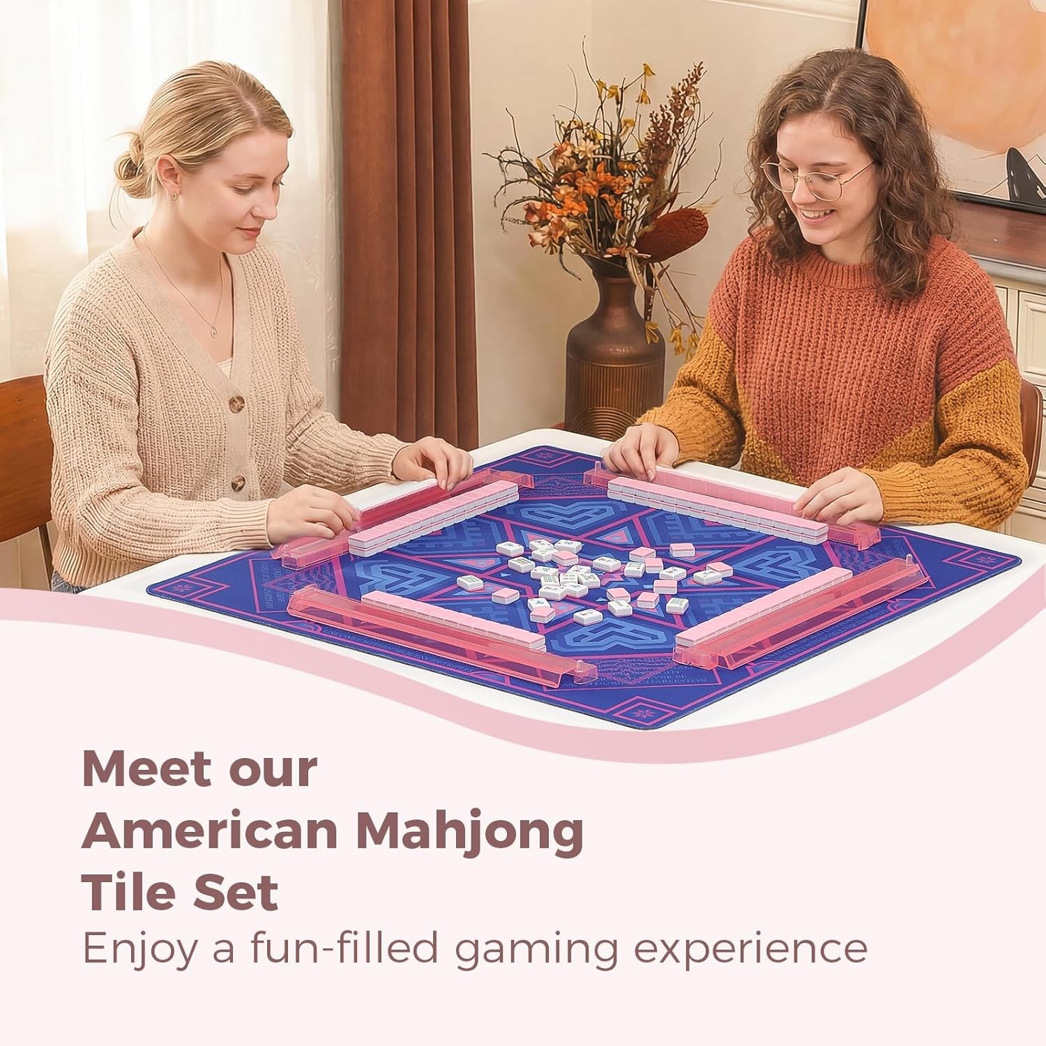 166 Pink American Printed Mahjong Game Set with Carrying Bag and Accessories, 1.