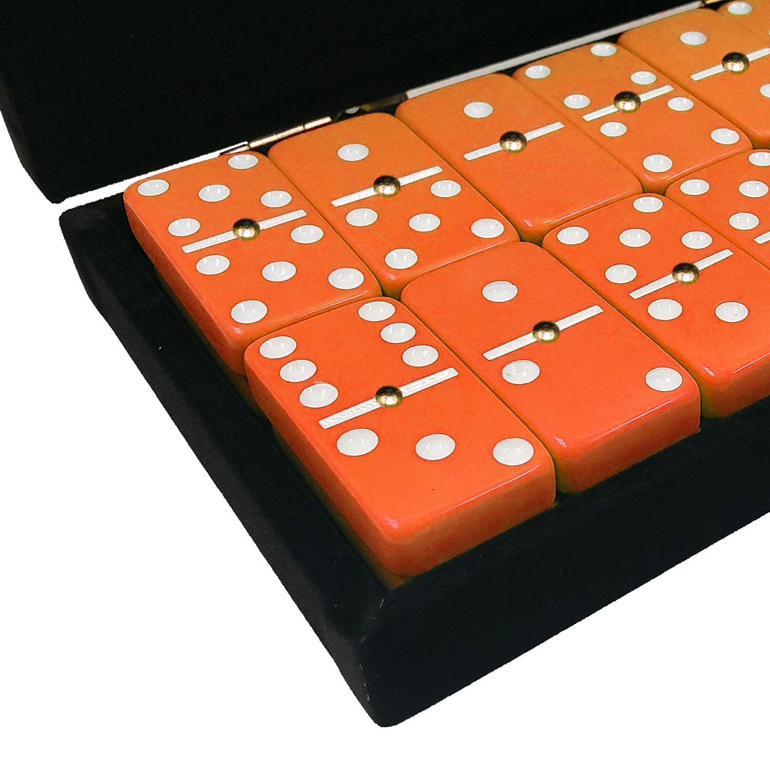 Domino Double 6 Orange-White Jumbo Tournament Size w/Spinner in Black Velvet Box