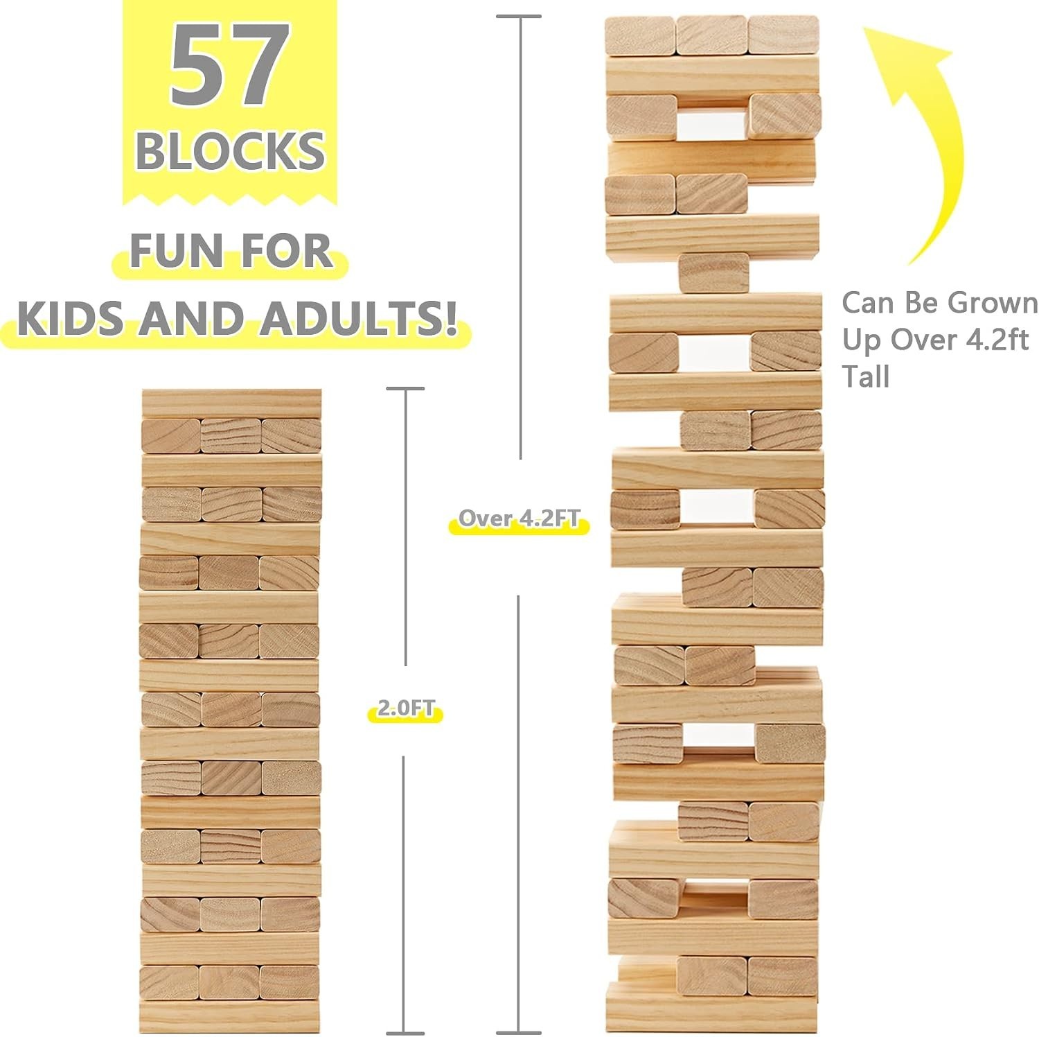 Giant Tumbling Tower Game – 57 Pcs Wooden Block Set, 4.2FT High Fun for All Ages