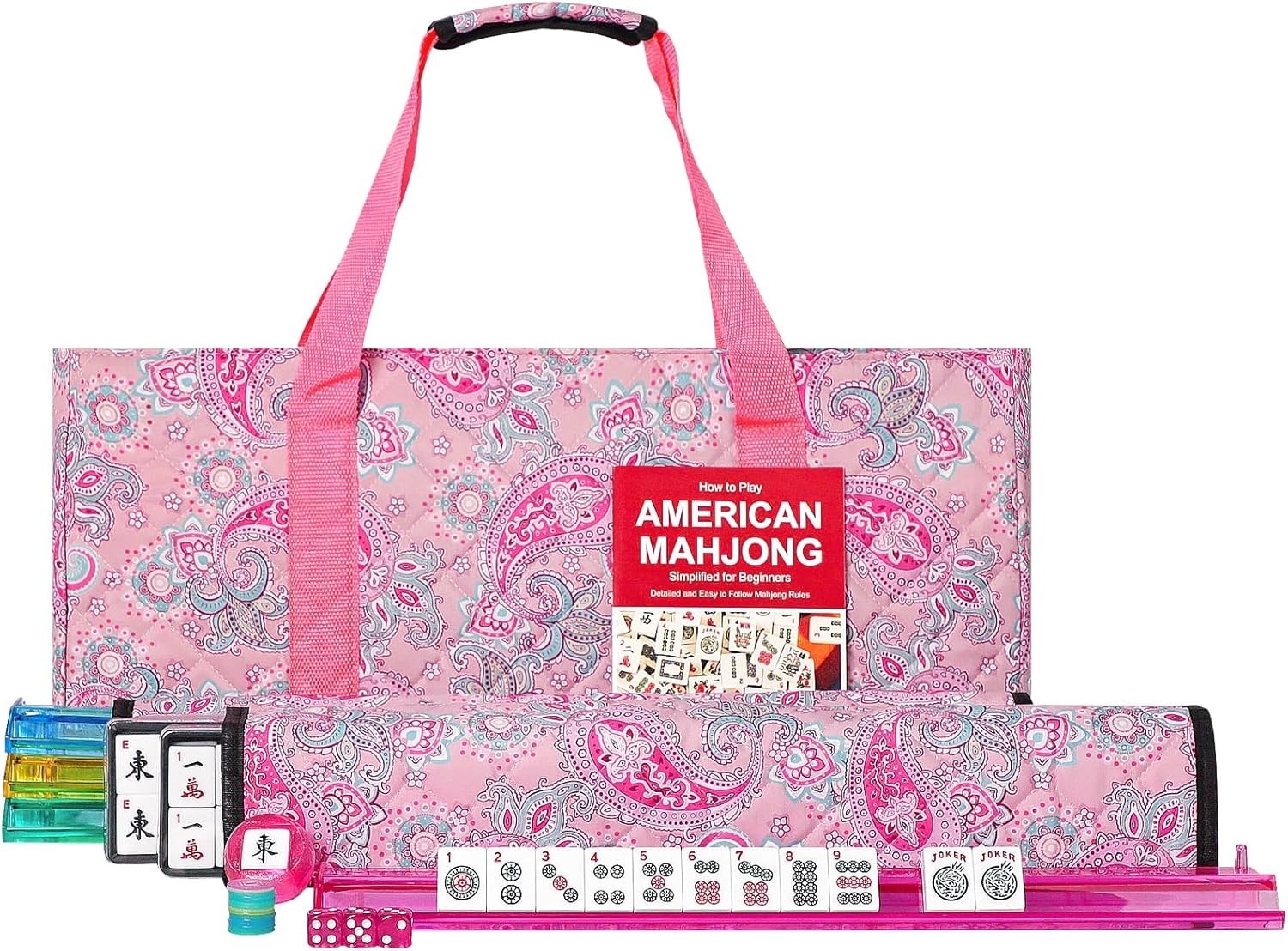 Stylish Mahjong Game Set with 166 Tiles & Portable Pink Bag for 4 Players