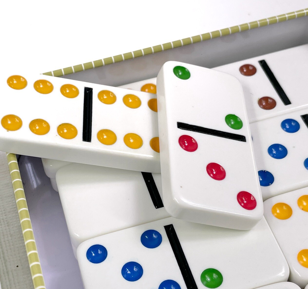 Double Six Jumbo Dominoes Colored Dots in Yellow Tin Storage Box *READ*
