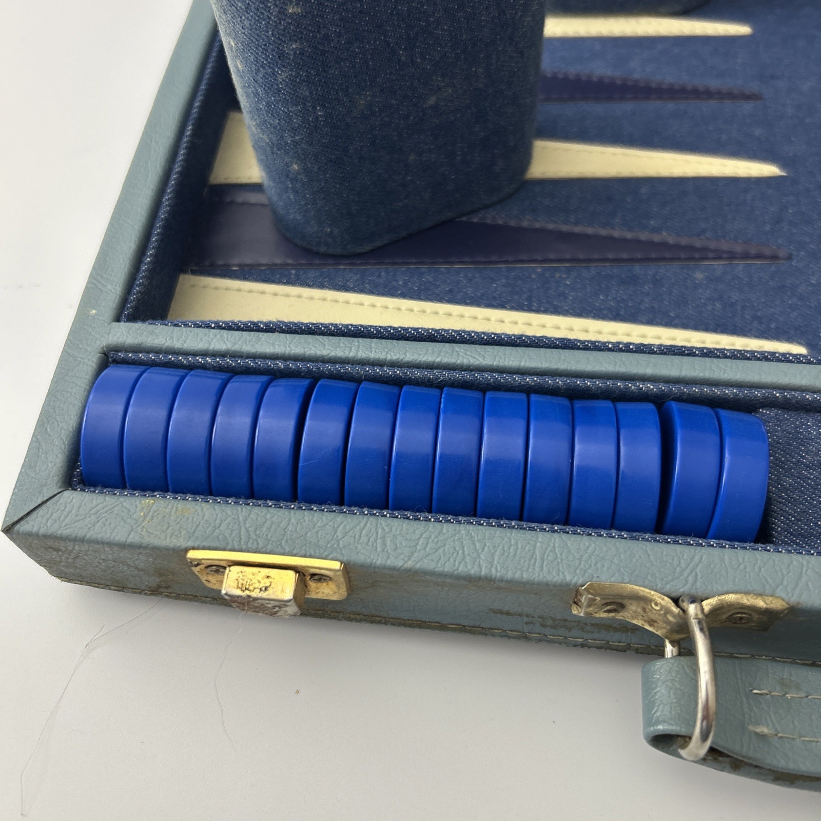 Vintage Backgammon Set Blue Corduroy Case Blue White Bakelite Chips 15” X 20”