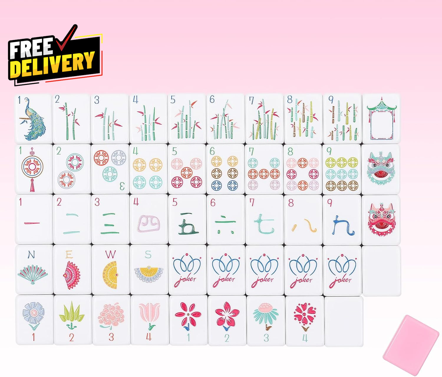 160 Pink Engraved American Mahjong Tiles Set with Carrying Bag and Accessories..