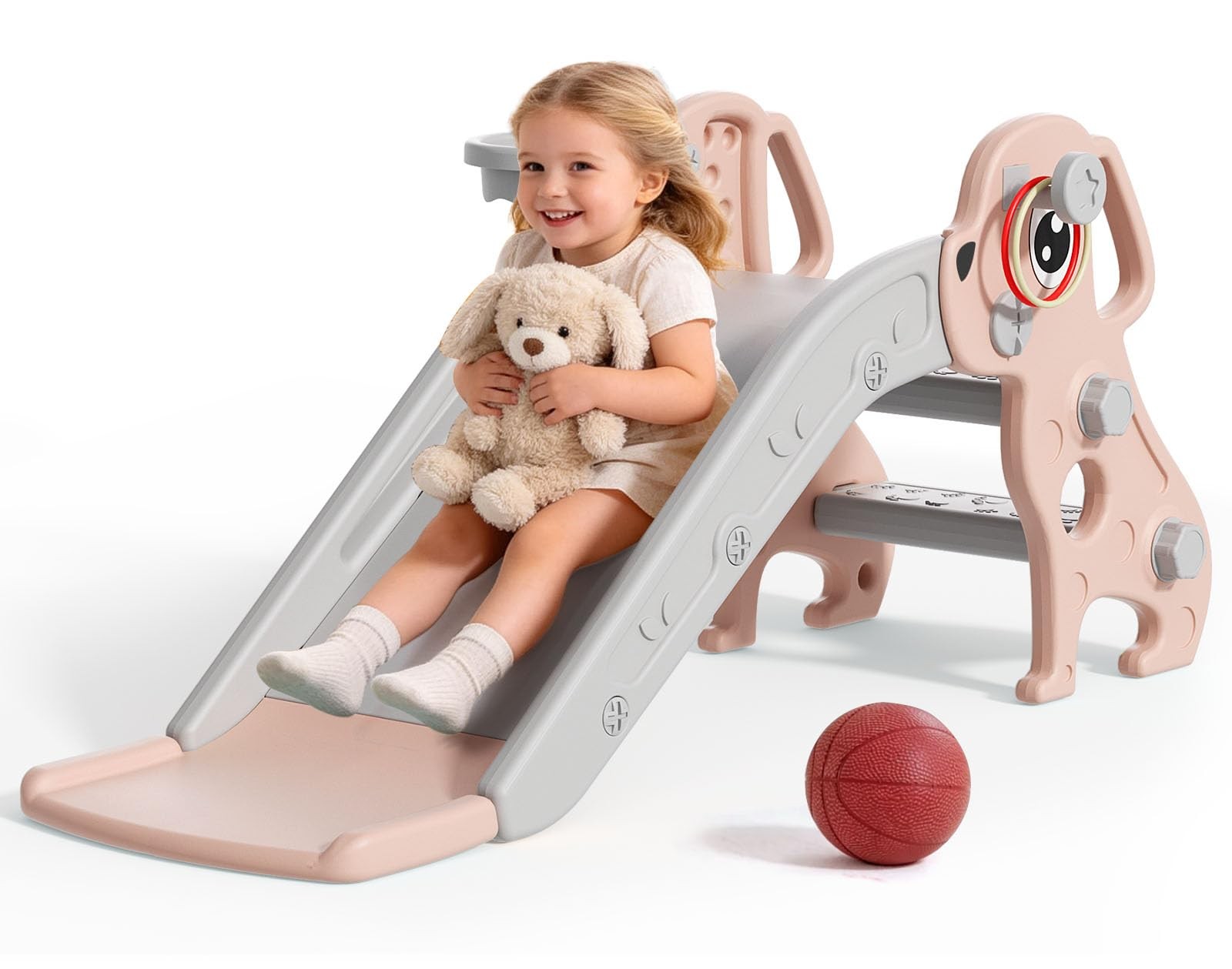 Toddler Slide 4 in 1 Basketball Hoop Ring Toss Pink Gray BIERUM 1-3 Kids Indoor