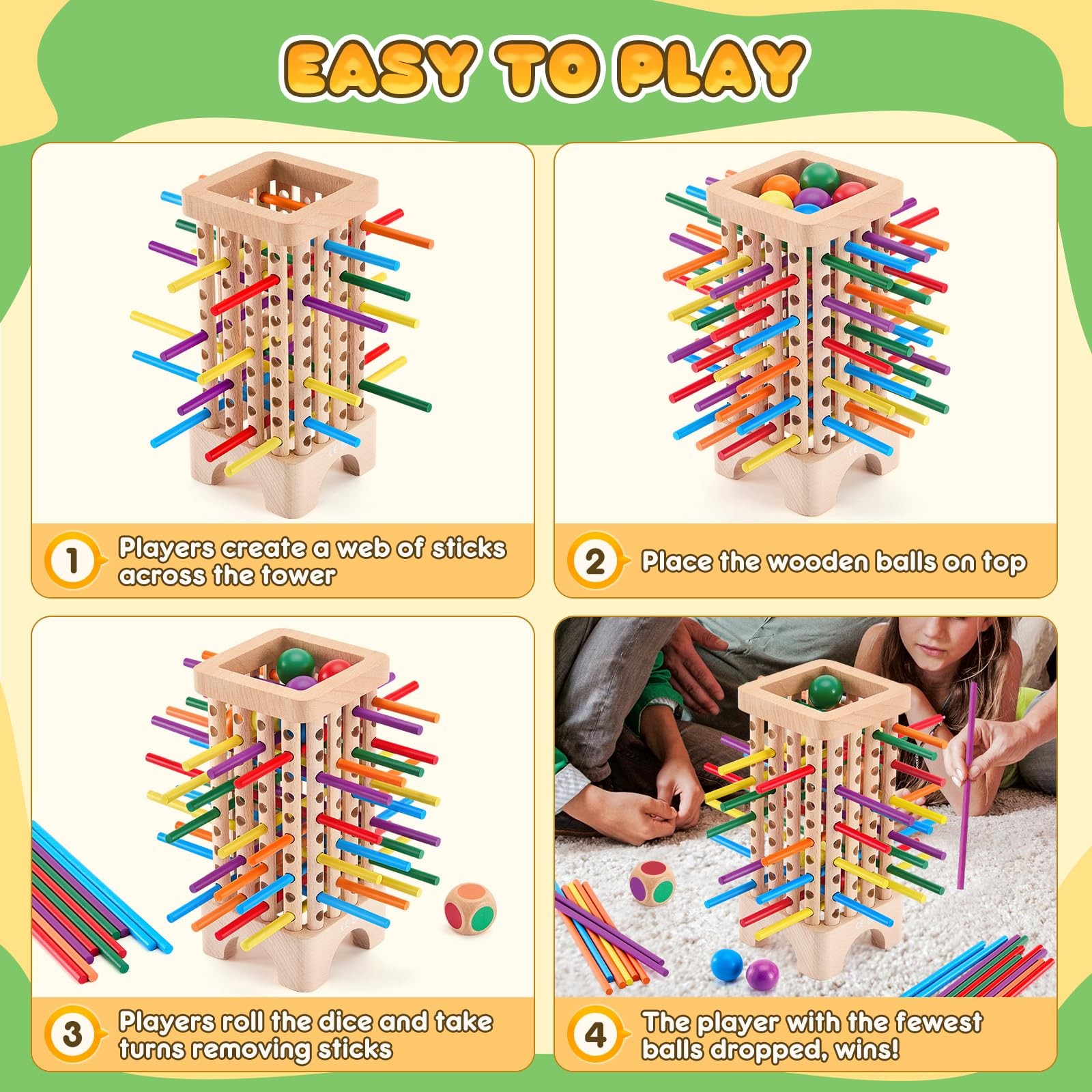 Montessori Game Wooden Board Games, 42 Colorful Sticks Dice Game Math Learnin…