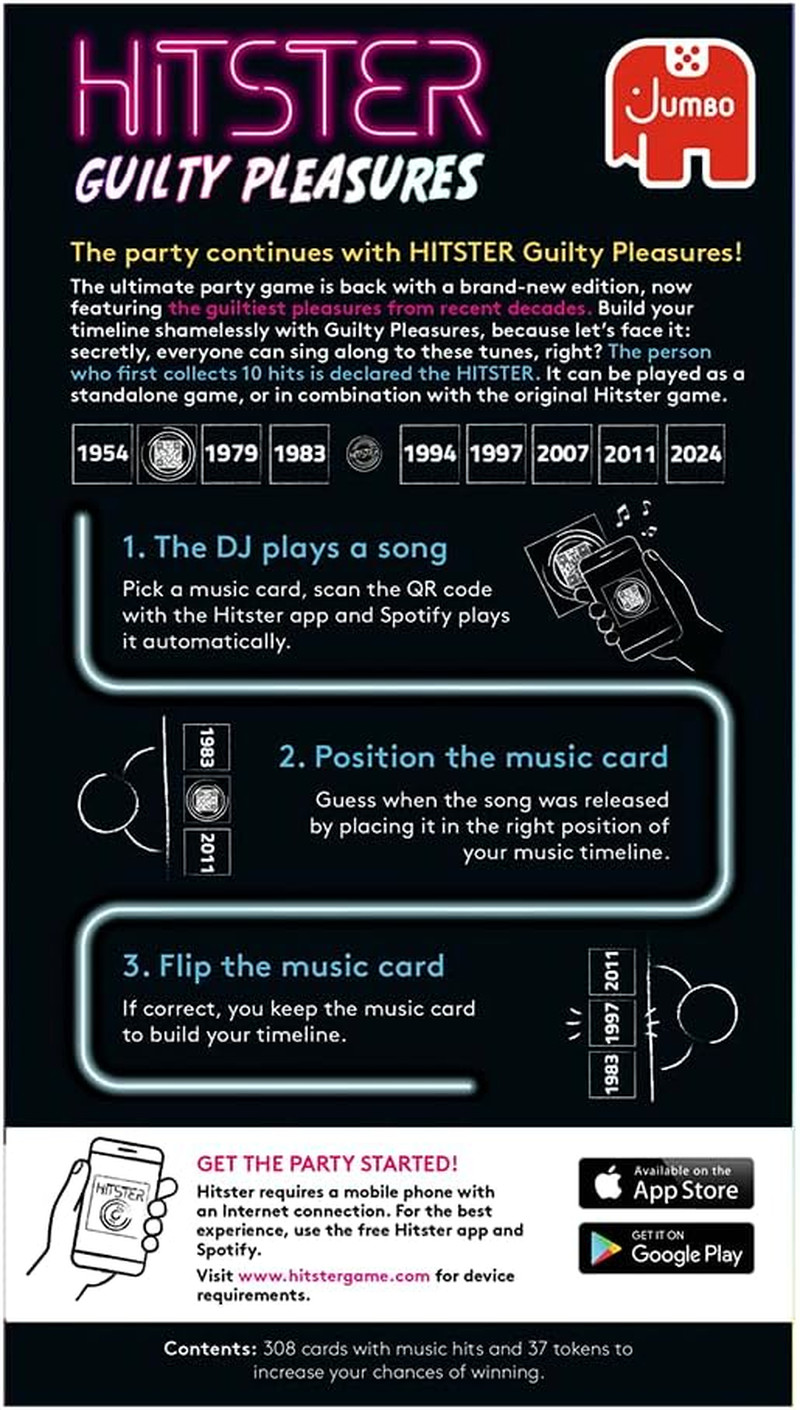Jumbo Hitster – Guilty Pleasures, Fun Music Quiz Card Game, 2-10 Players – 300 P