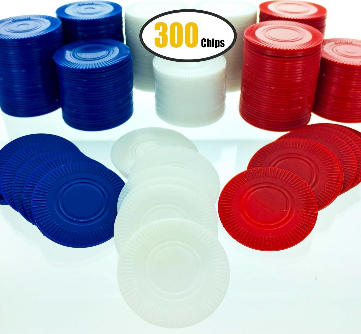 GiftExpress Lot of 300, Plastic Poker Chips 1 1/2 inches Diam, Blue/Red/White