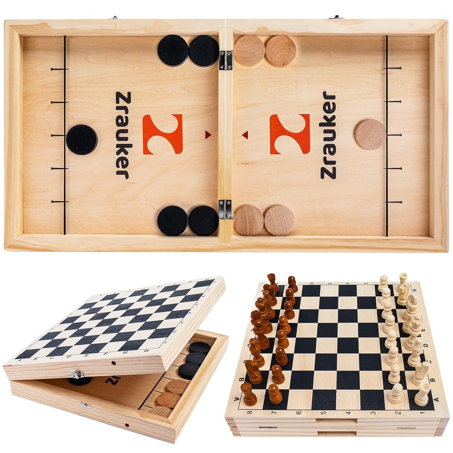 Foldable Wooden Fast Sling Puck & Chess Game. New game with light damage to box