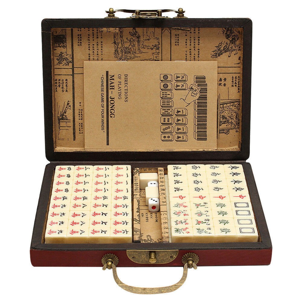 Vintage Chinese Mahjong Set Traditional 144 Tiles Mah-Jong Game Set Case Box