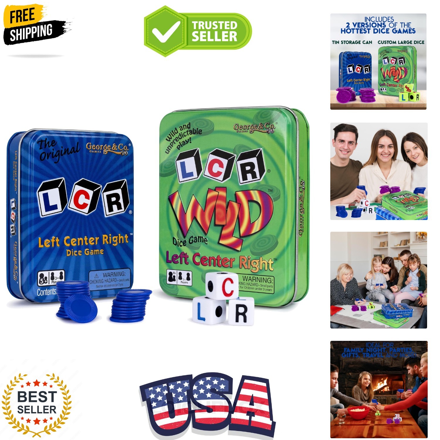 LCR Left Right Center in Blue & Dice Game in Green Tin Gift Set Bundle – 2 Pack