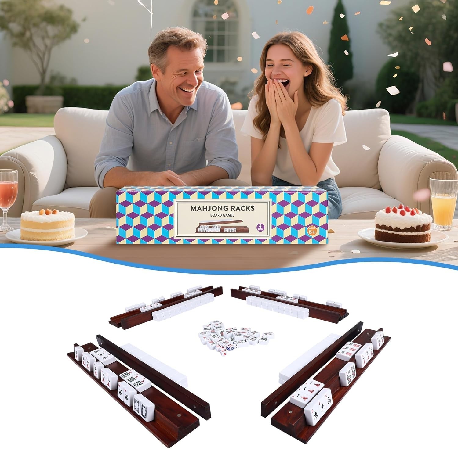 Portable 4-Piece Vintage Mahjong Rack Set with Magnetic Pushers for Easy Play