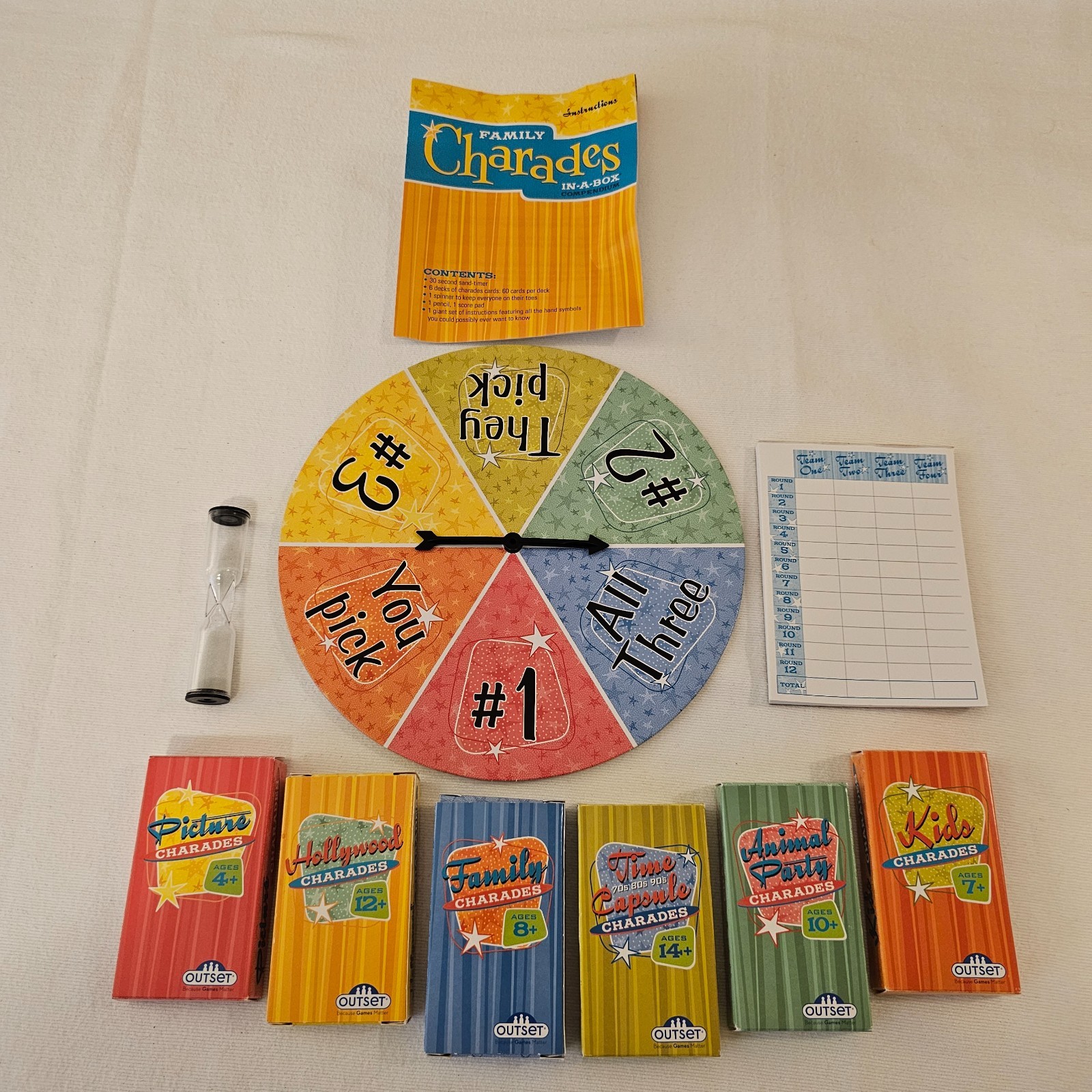 Family Charades in-a-box Category cards themes range from 4 years-14 years plus