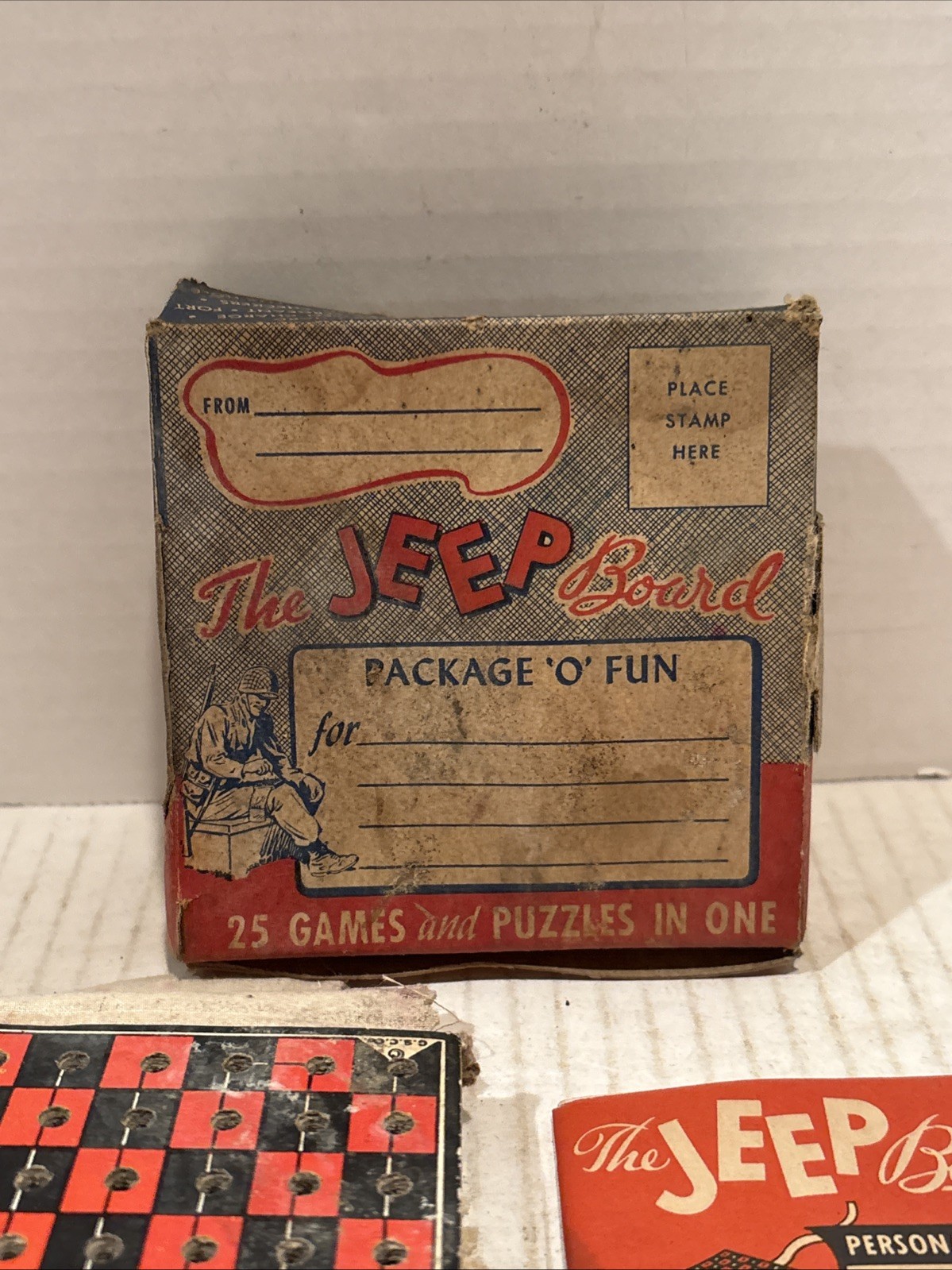 Vintage 1944 ES Lowe The Jeep Board 25 Games & Puzzles Box Pieces Instructions