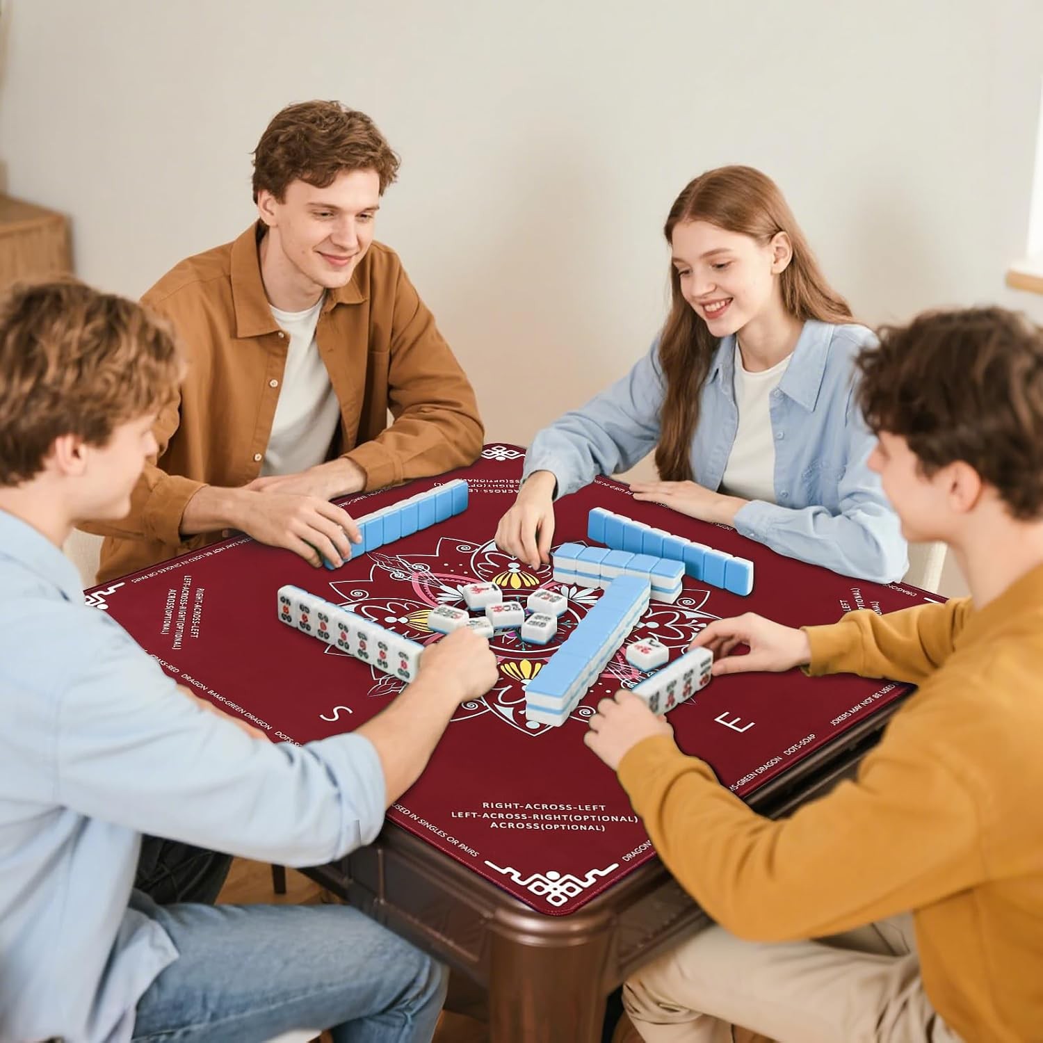 32×32 Red Mahjong Table Mat Non Slip Table Cover with Mahjong Rules and