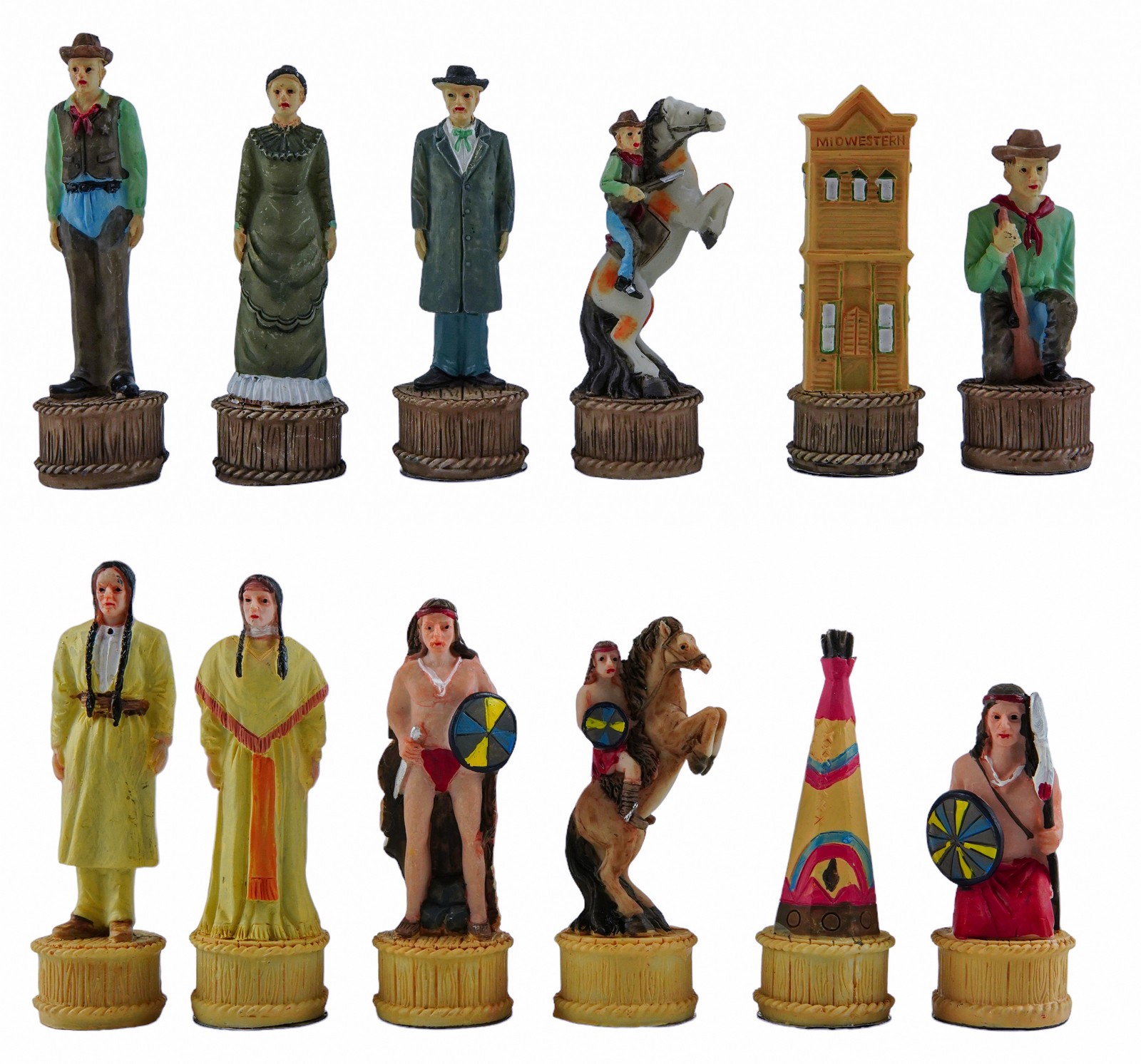 Solid Marble Resin The American West Chessmen Set Hand Painted Felted Bottoms