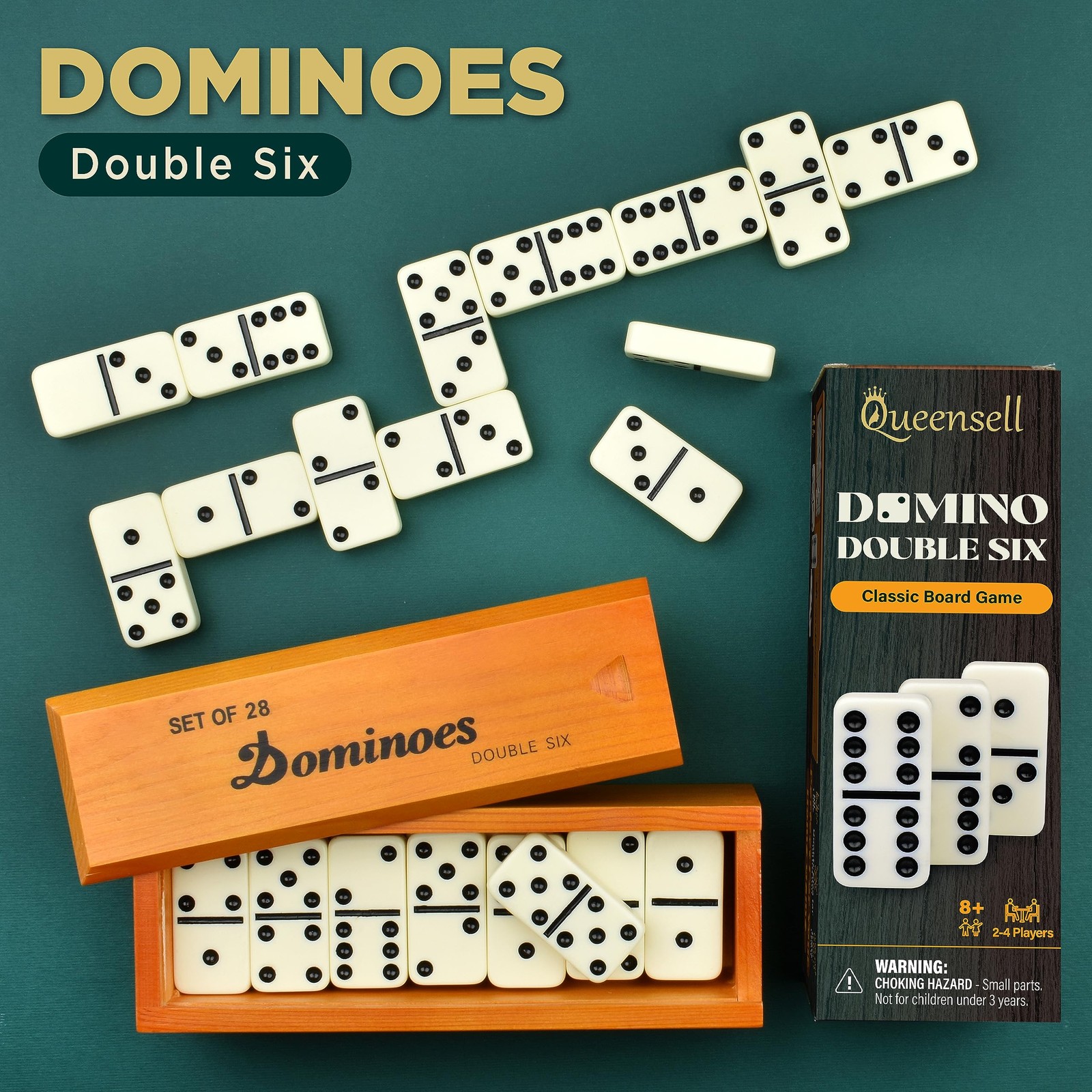 Jumbo Dominoes Set Double 6 28 Tiles Large Ivory Wood Case Family Game