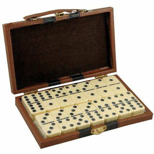 DOMINOES DOUBLE SIX LEATHERETTE CASE STANDARD SIZE TILE THICK 28 PC DOMINO GAME
