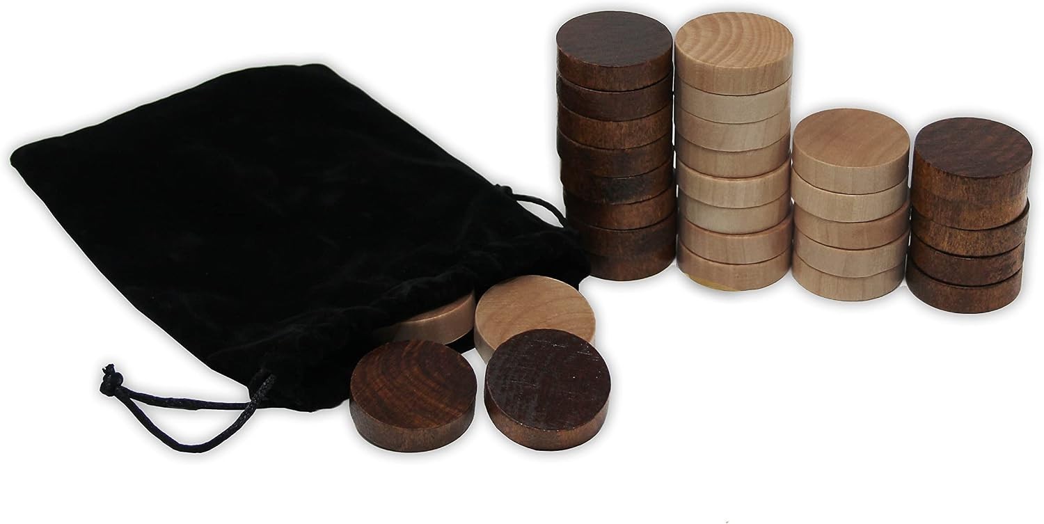 Classic Backgammon & Checkers Game Chips – 30 Wooden Pieces Set, 1.25 Inch