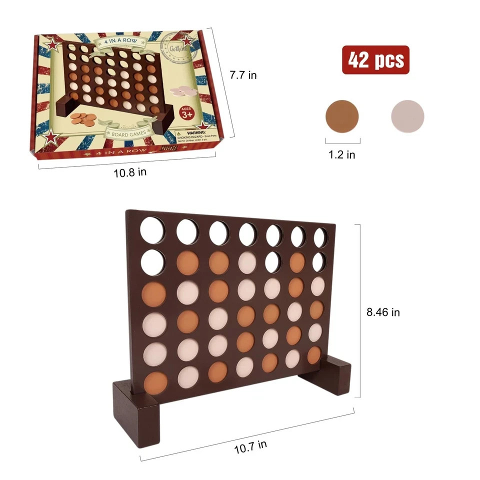 Wooden 4 in a Row Game, Classic Strategy Game for Kids and Adults, Connect The 4