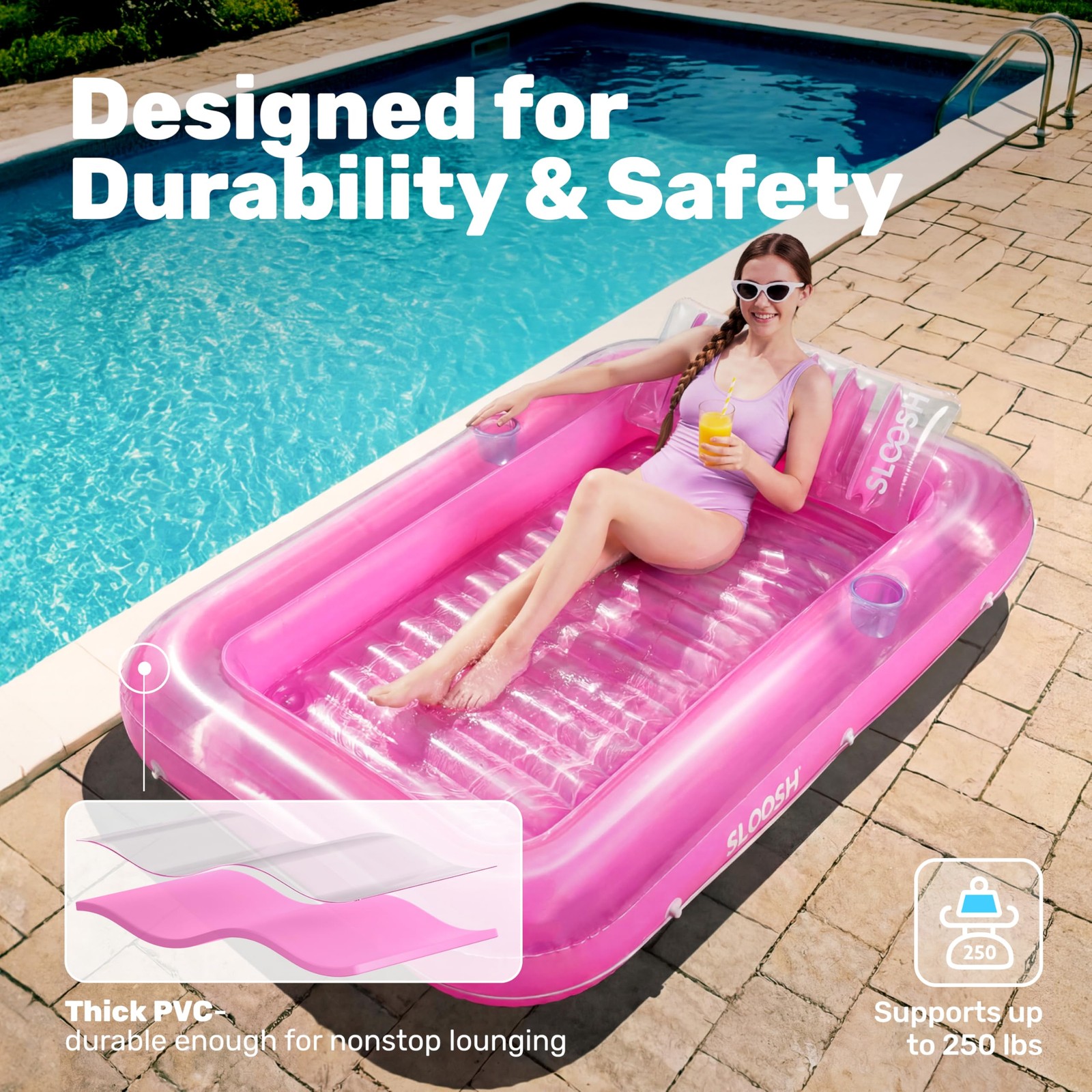 Pool Float Lounger 70 x 46 Inflatable Tanning Bed Large Pink SLOOSH Floats Adult